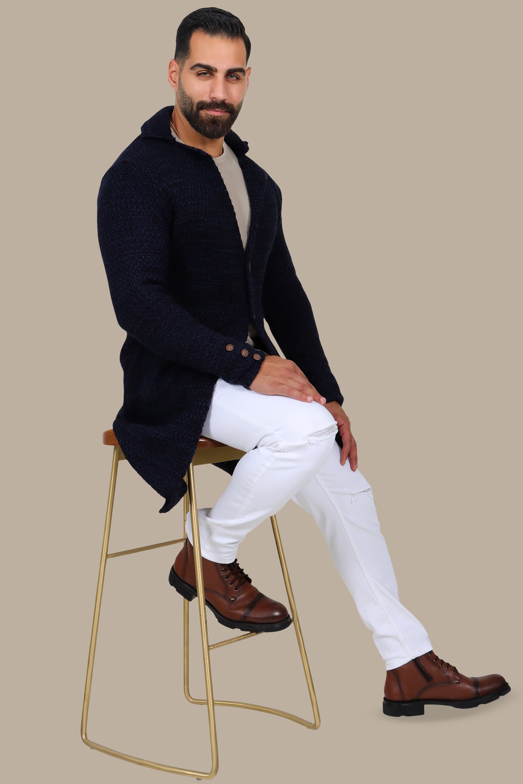 Navy Mercerized Mons Long Cardigan