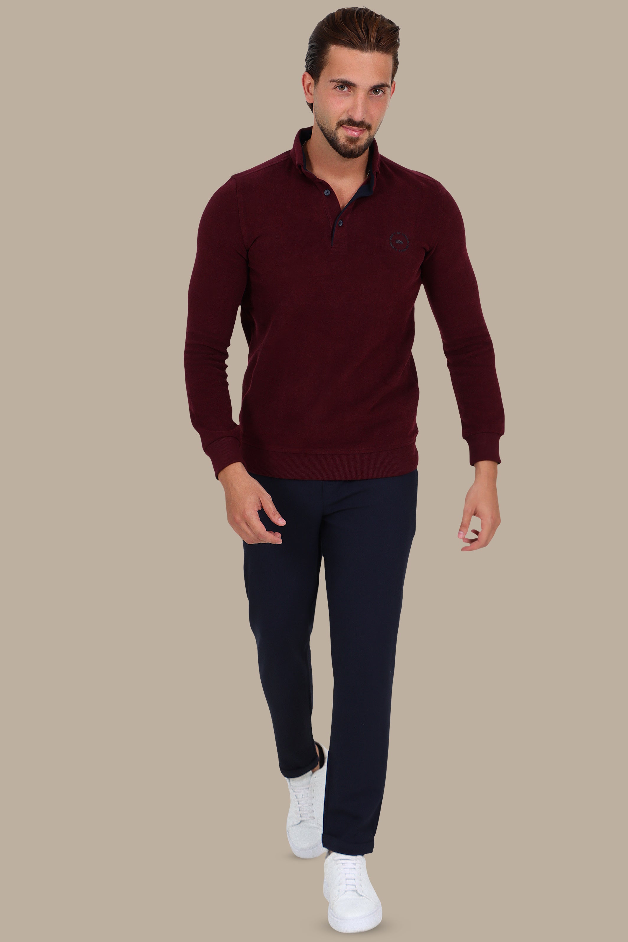 Long Sleeve Velvet Polo in Burgundy