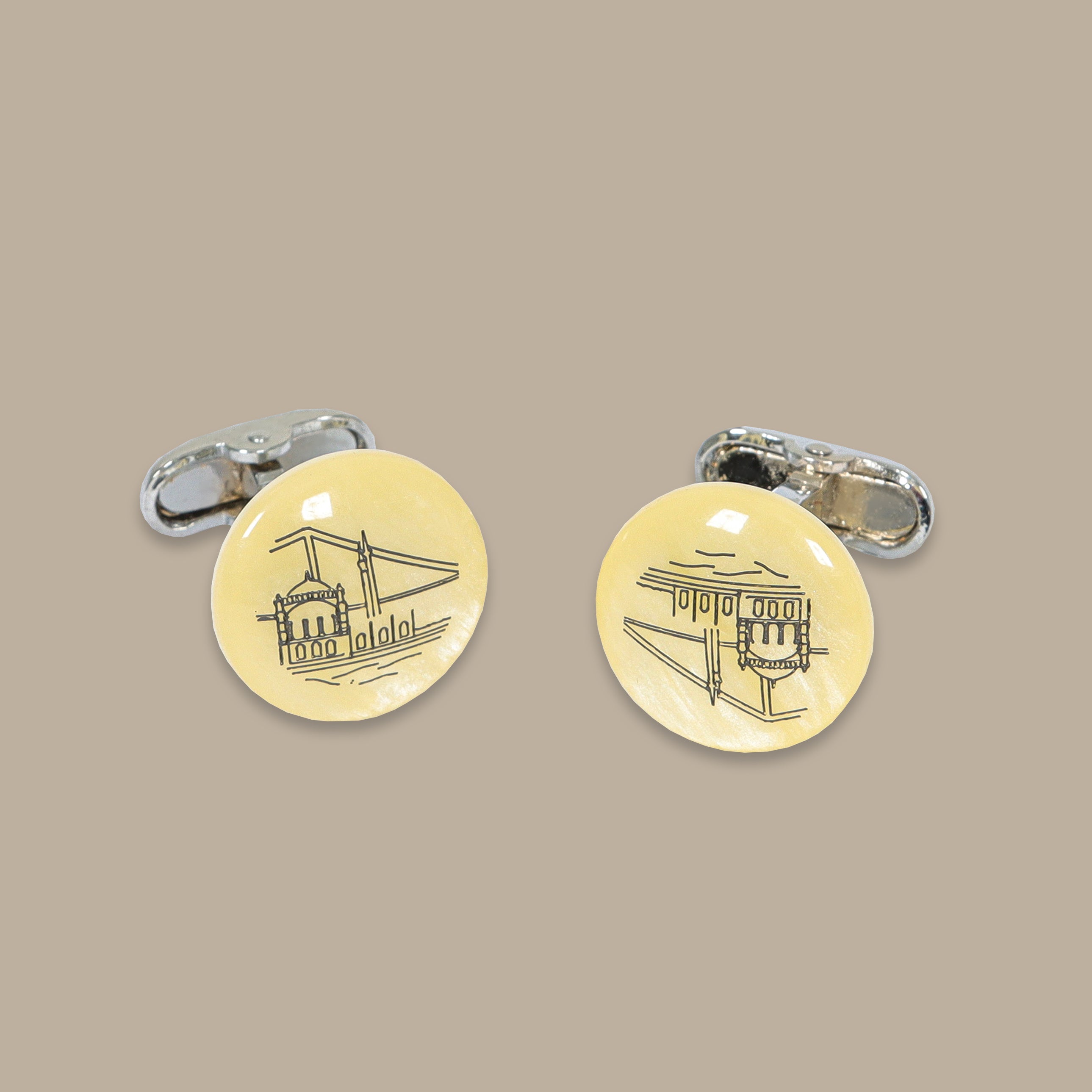 Beige Print Silver Cufflinks