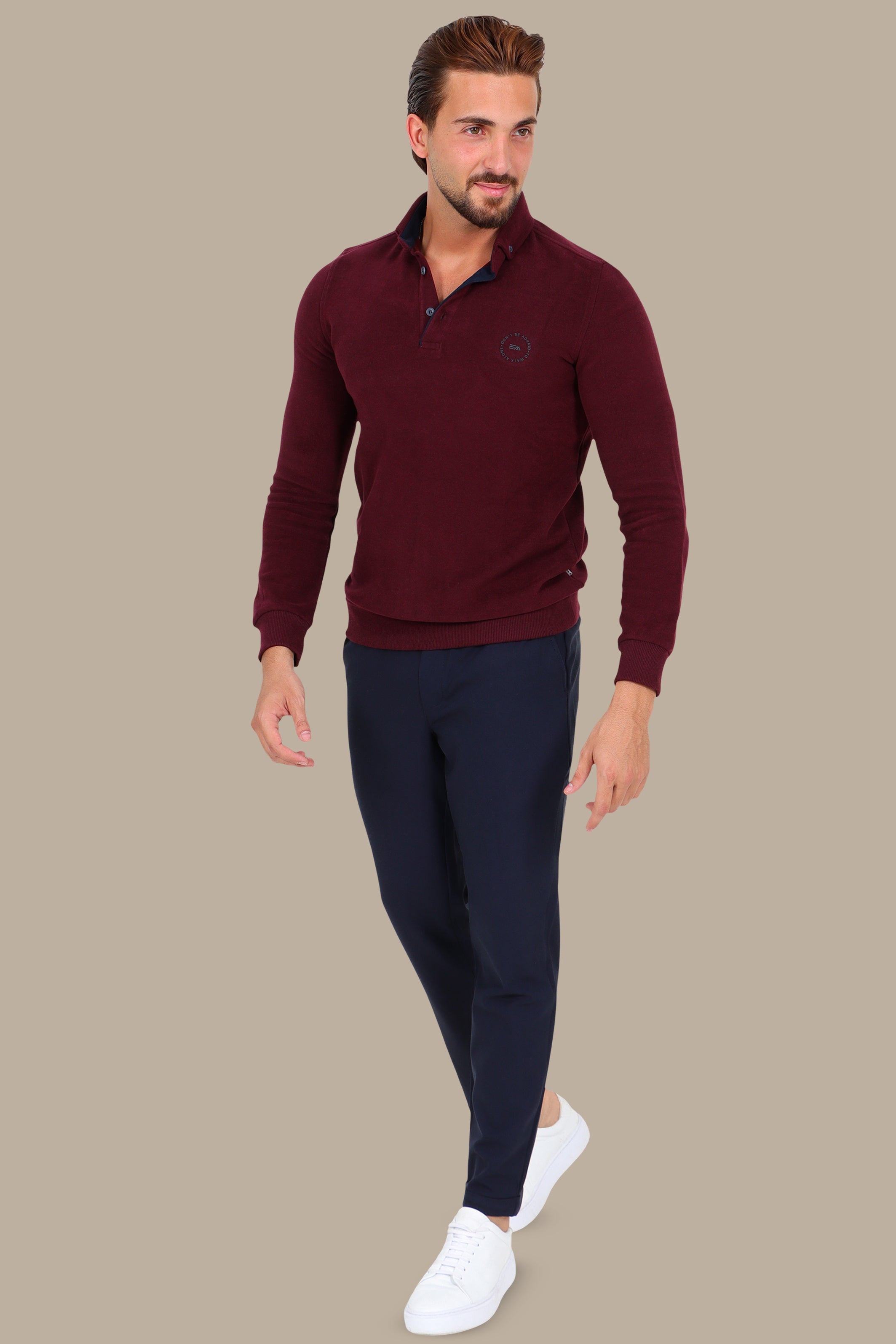 Long Sleeve Velvet Polo in Burgundy