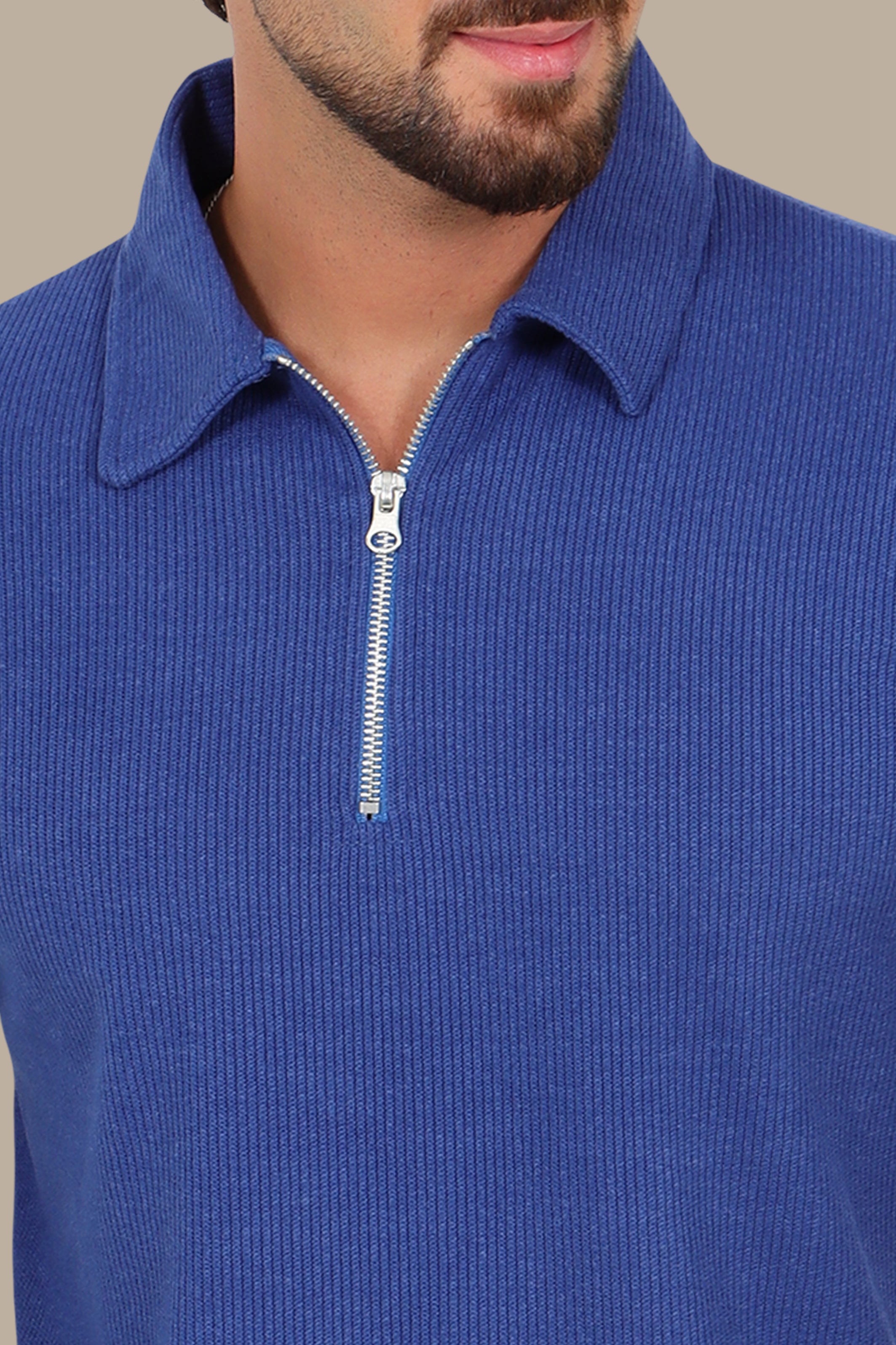 Long Sleeve Zipper Polo in Ribbed Velvet Blue