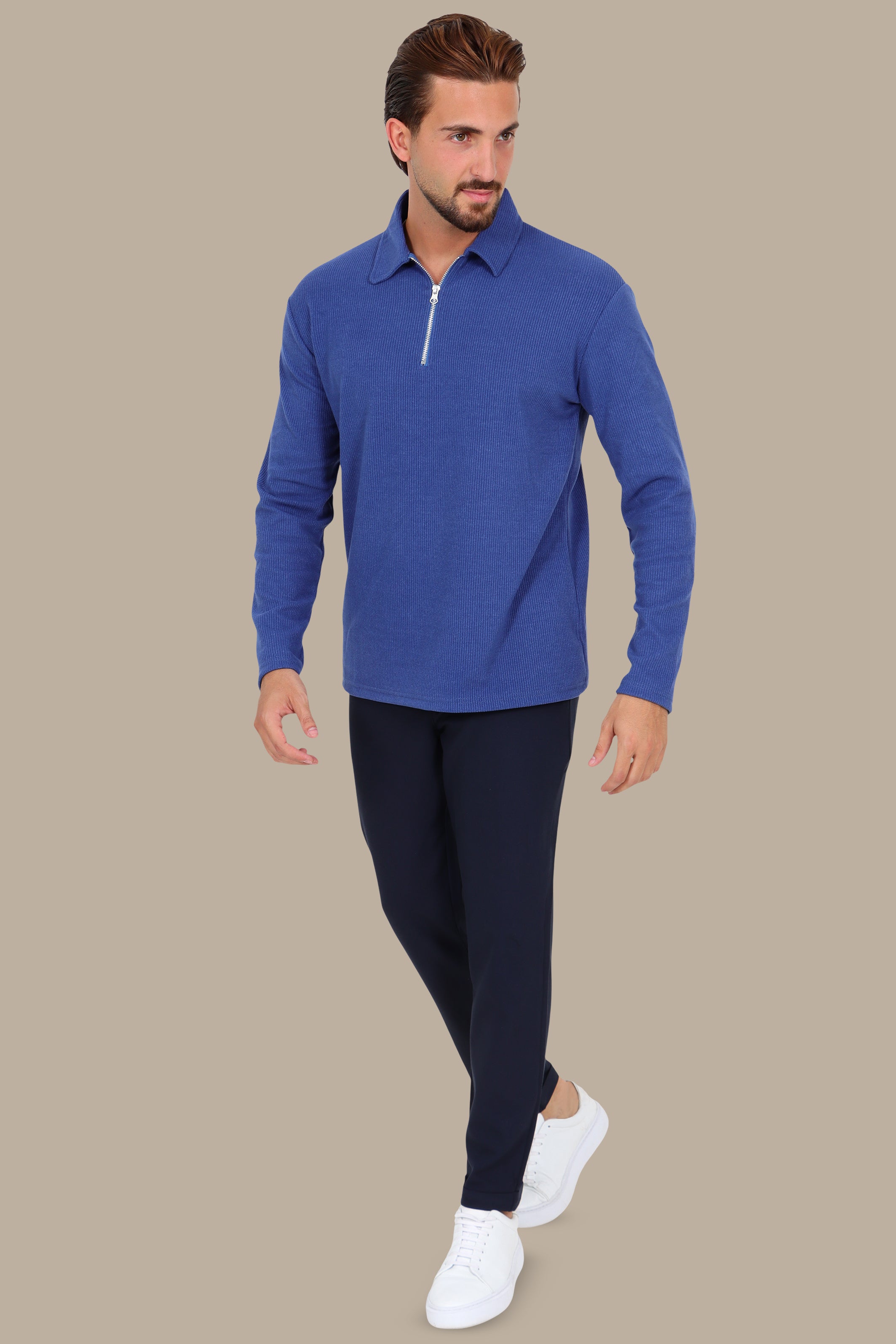 Long Sleeve Zipper Polo in Ribbed Velvet Blue