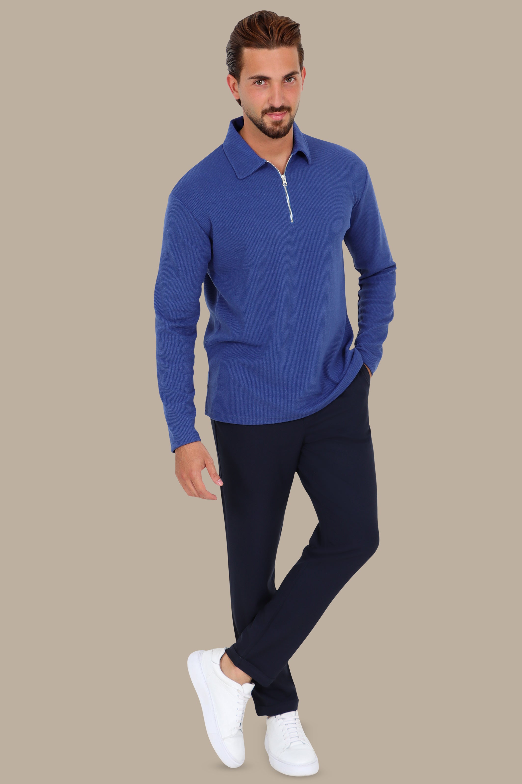 Long Sleeve Zipper Polo in Ribbed Velvet Blue
