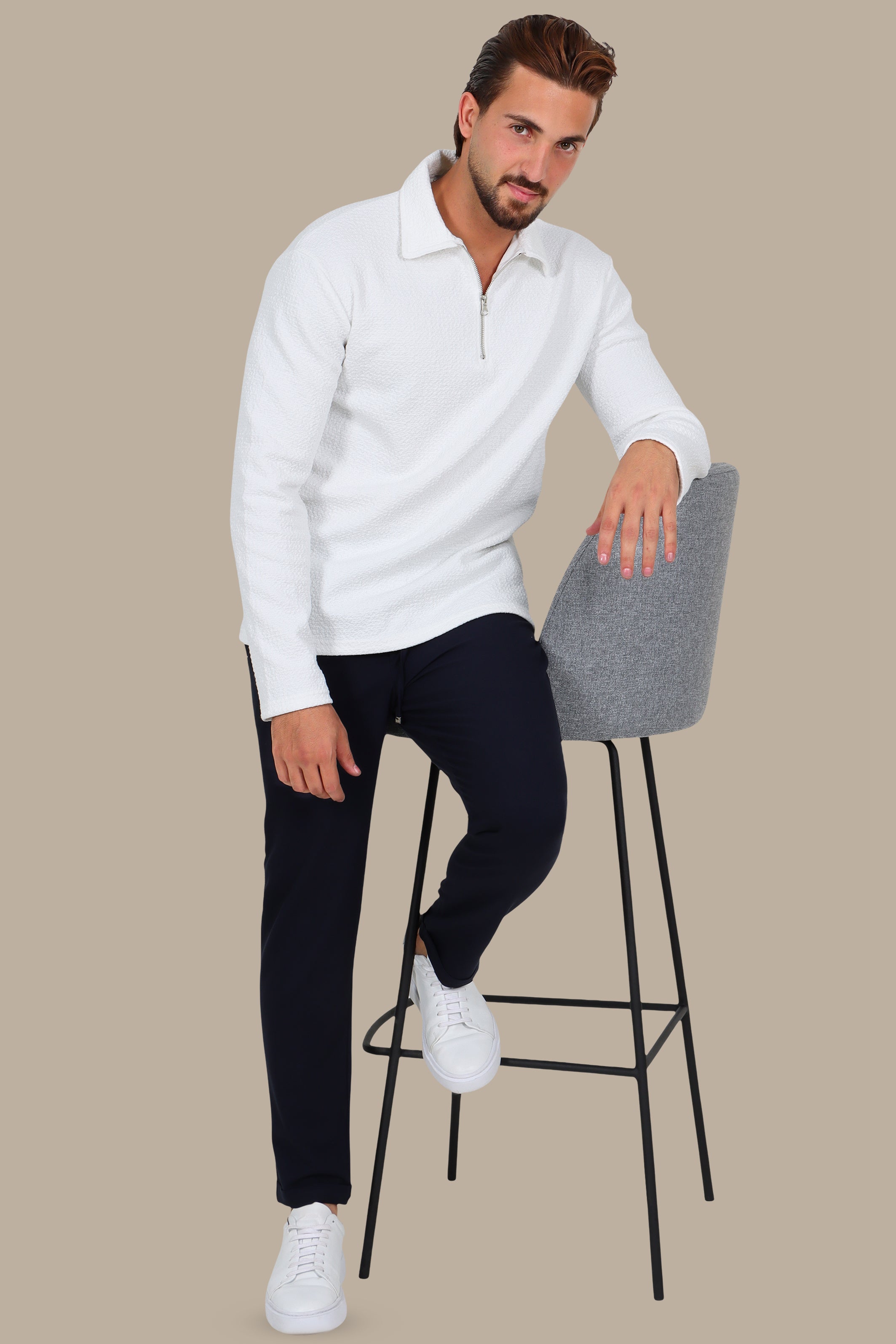 Long Sleeve Zipper Polo in Gofre Fabric White