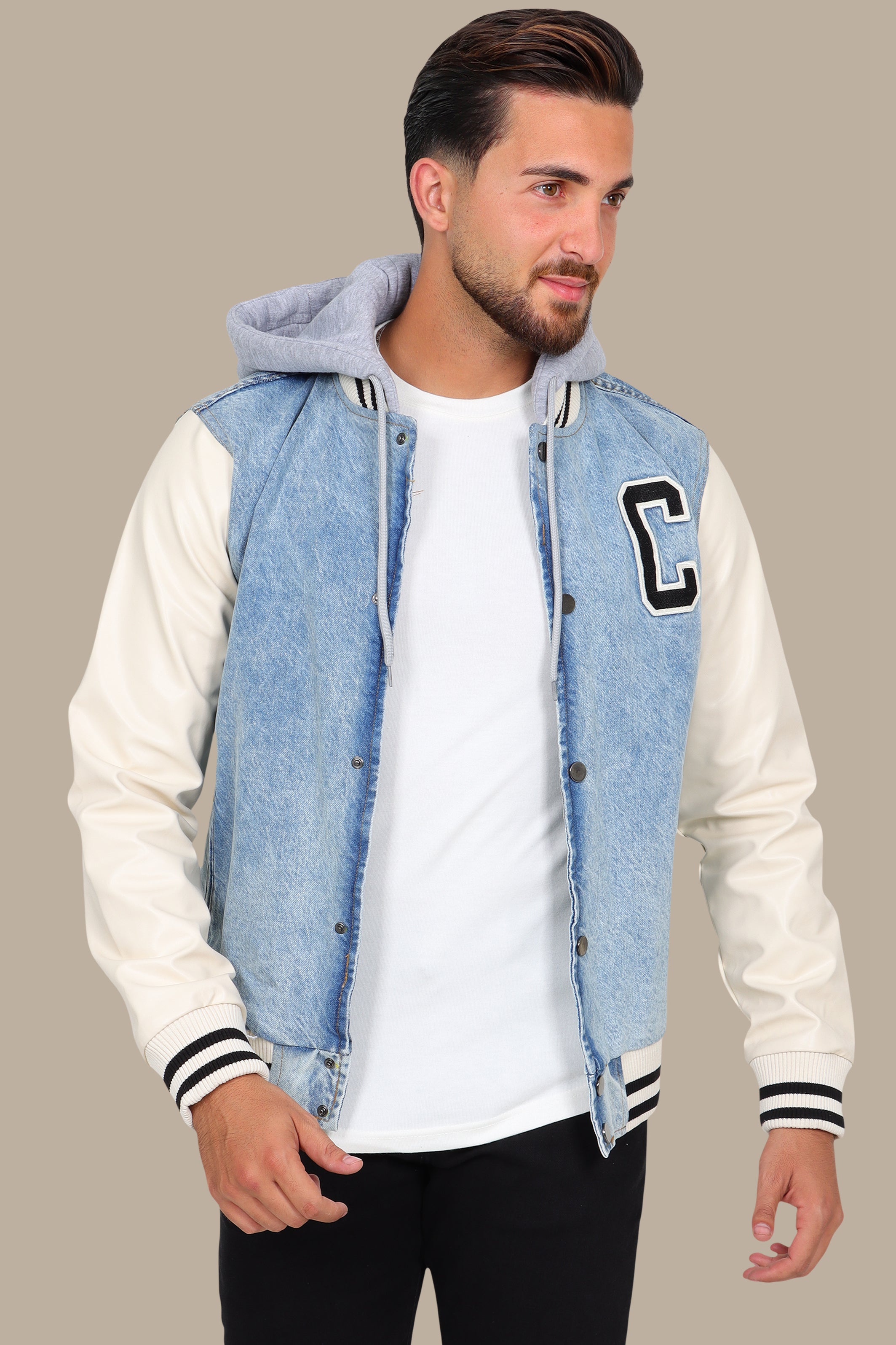 Light Blue Denim Jacket with Beige Leather Sleeves