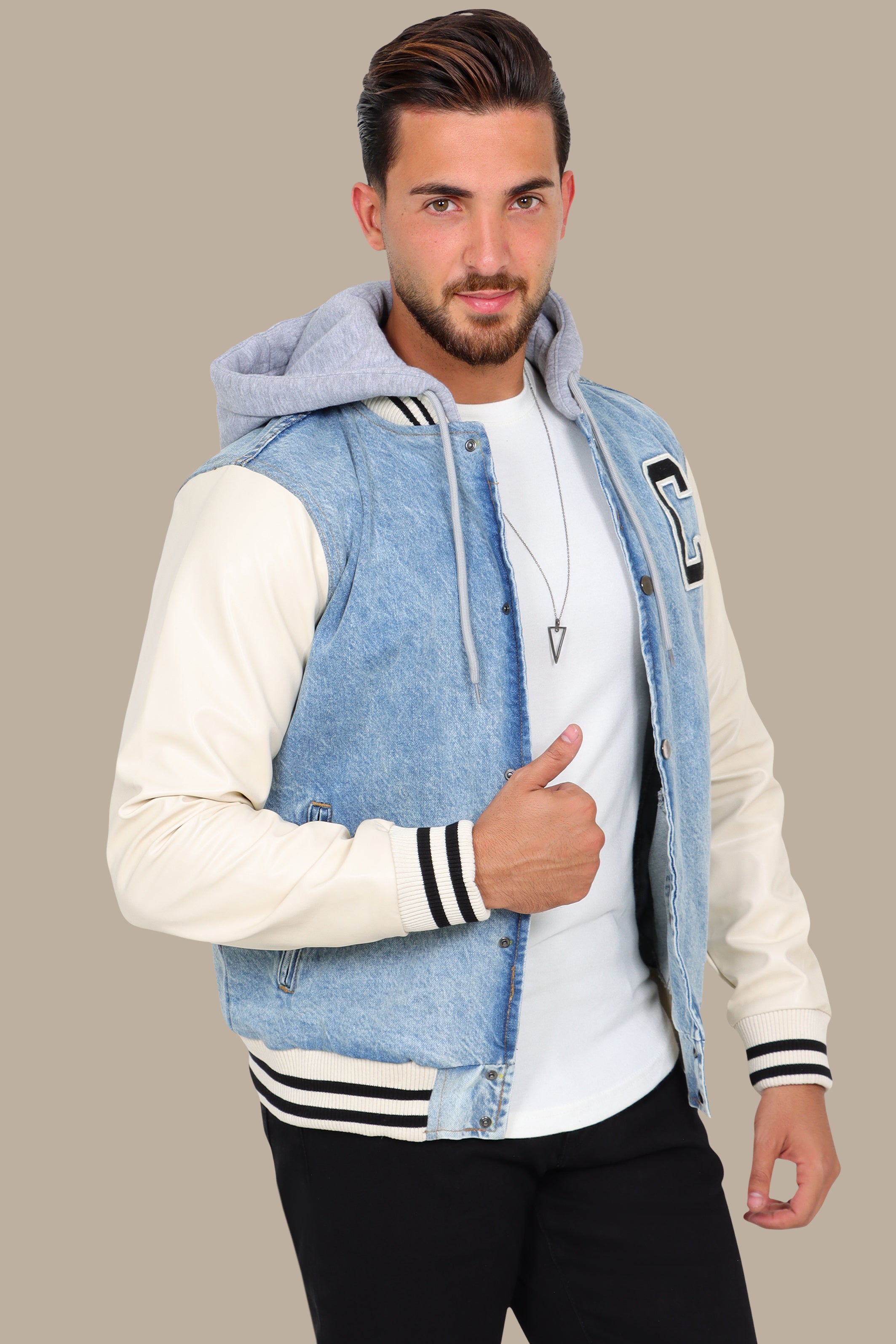 Light Blue Denim Jacket with Beige Leather Sleeves