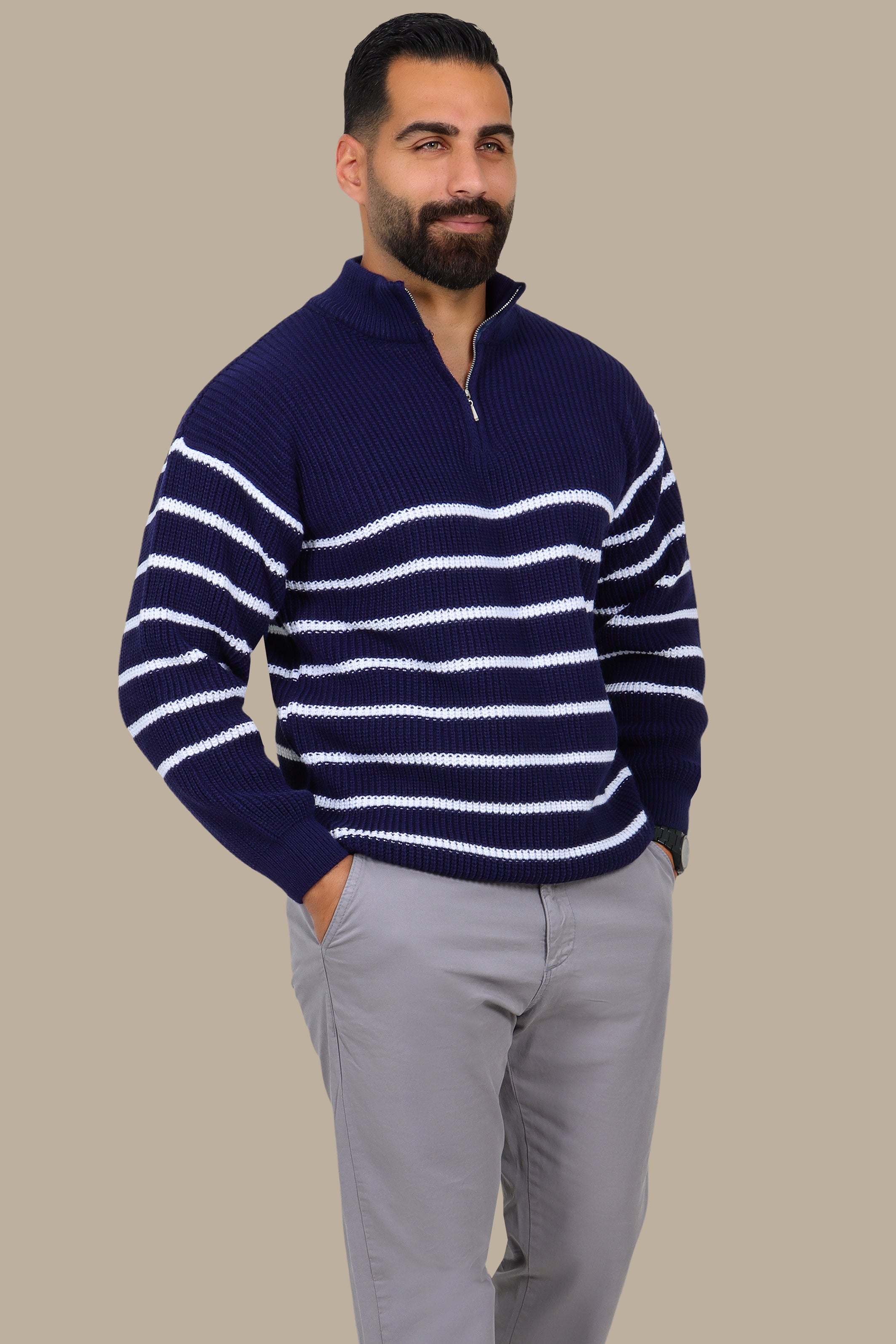 Mercerized Half-Zip Sweater with Small Stripes in Navy