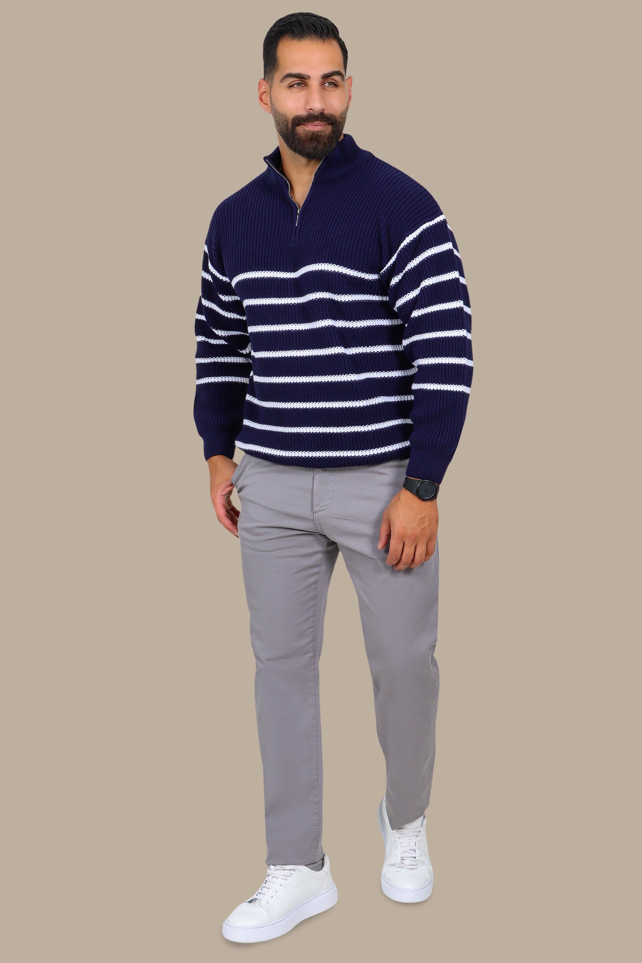 Mercerized Half-Zip Sweater with Small Stripes in Navy