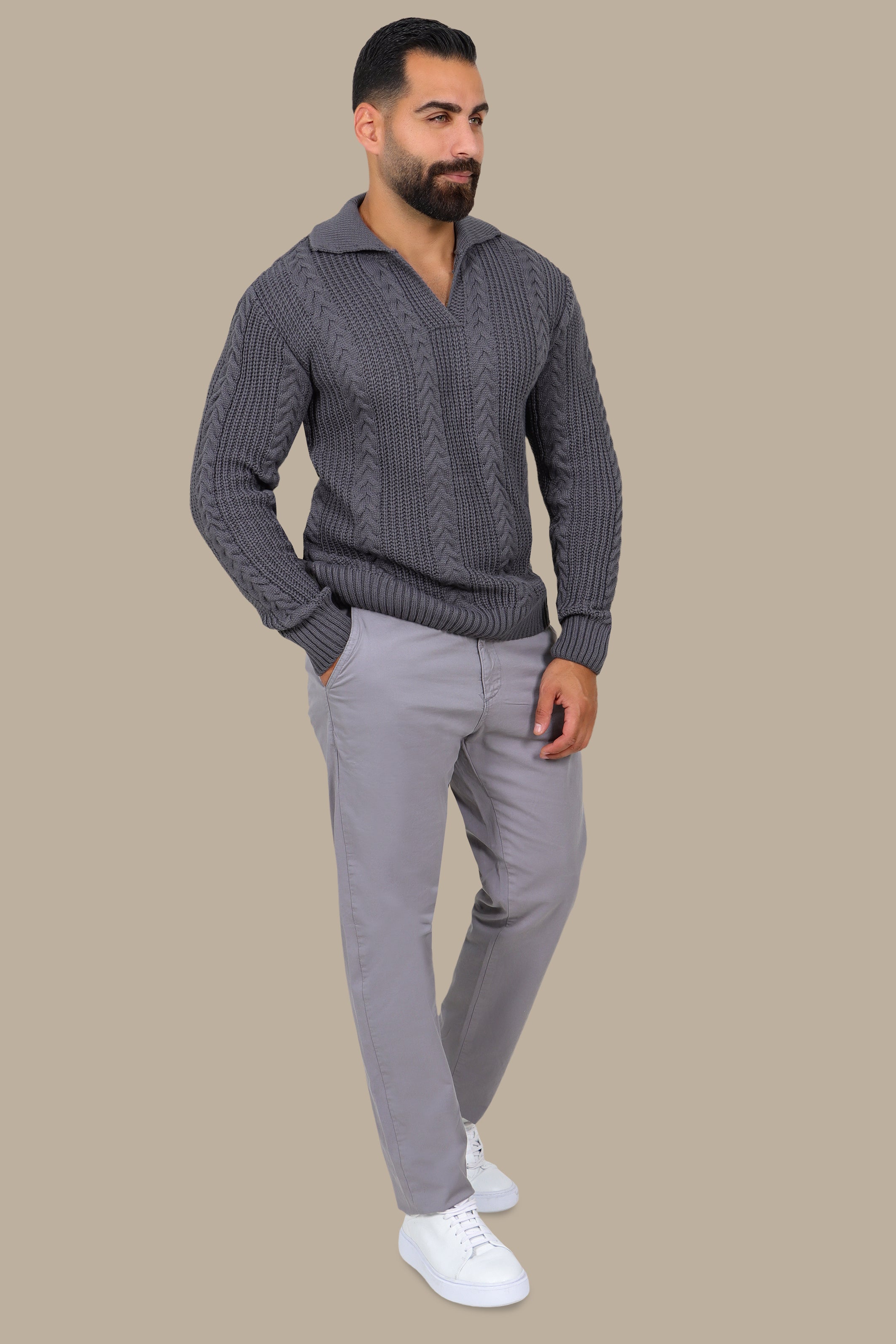 Grey Braided V-Neck Sweater