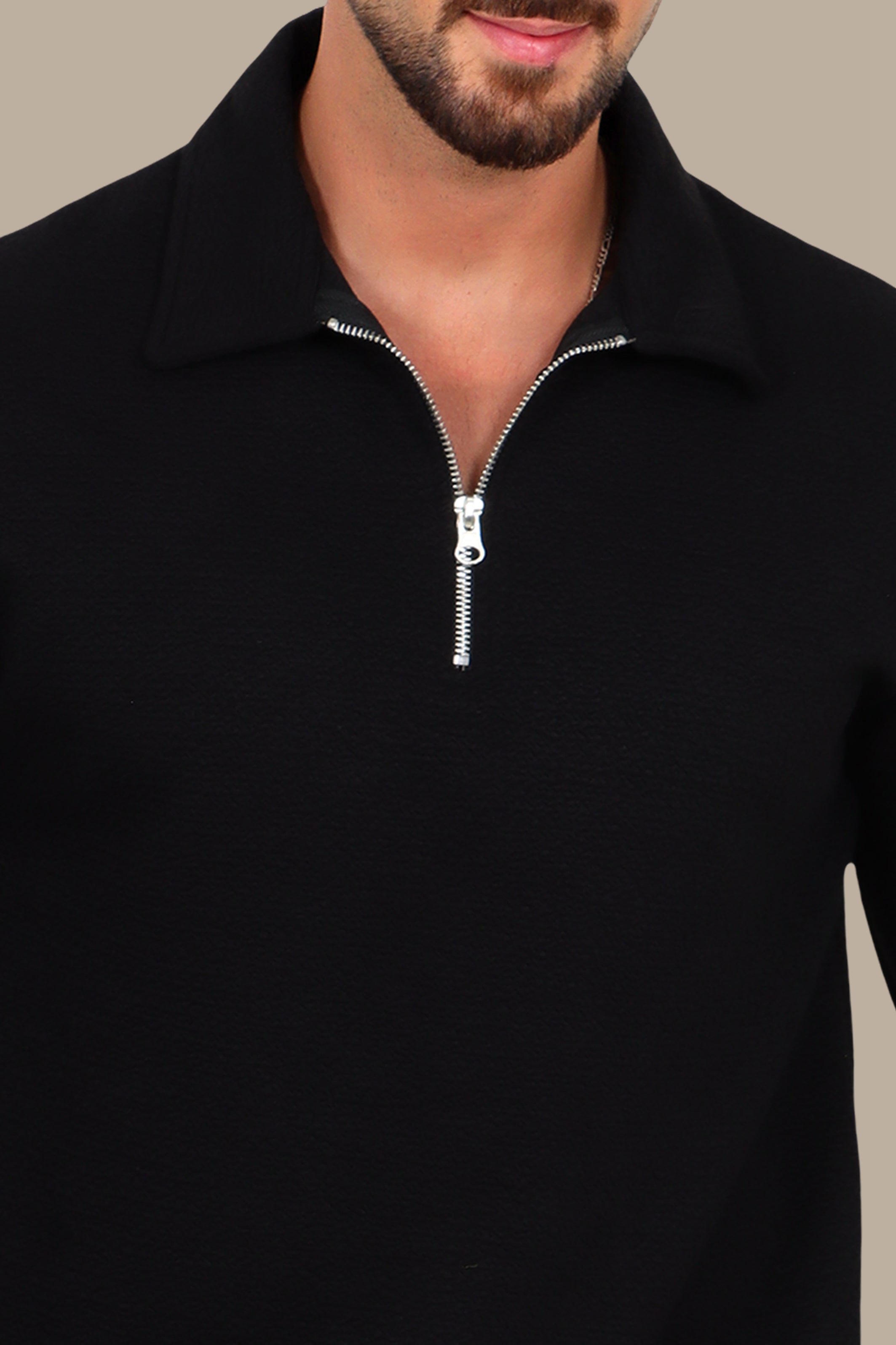Long Sleeve Zipper Polo in Gofre Fabric Black