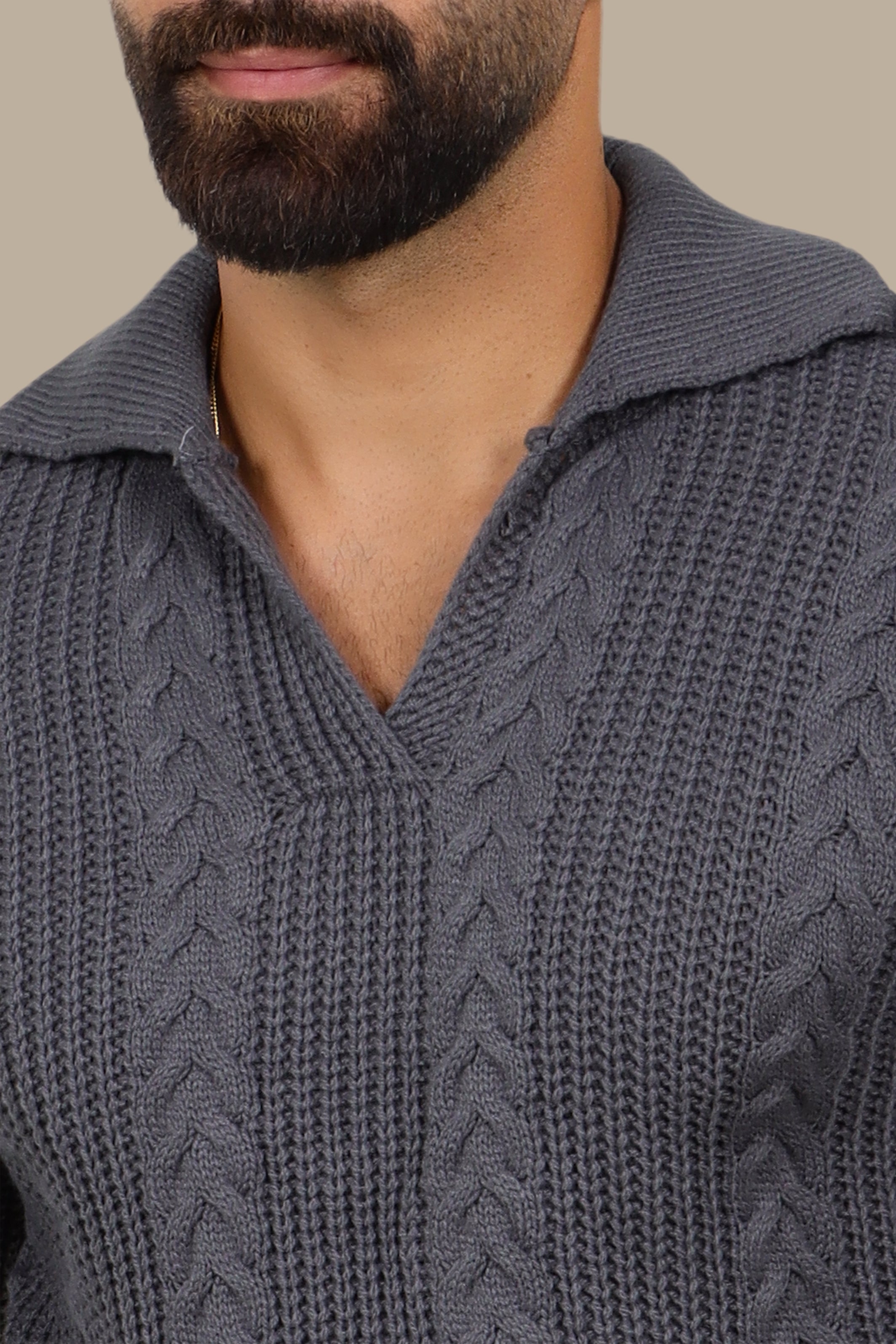 Grey Braided V-Neck Sweater