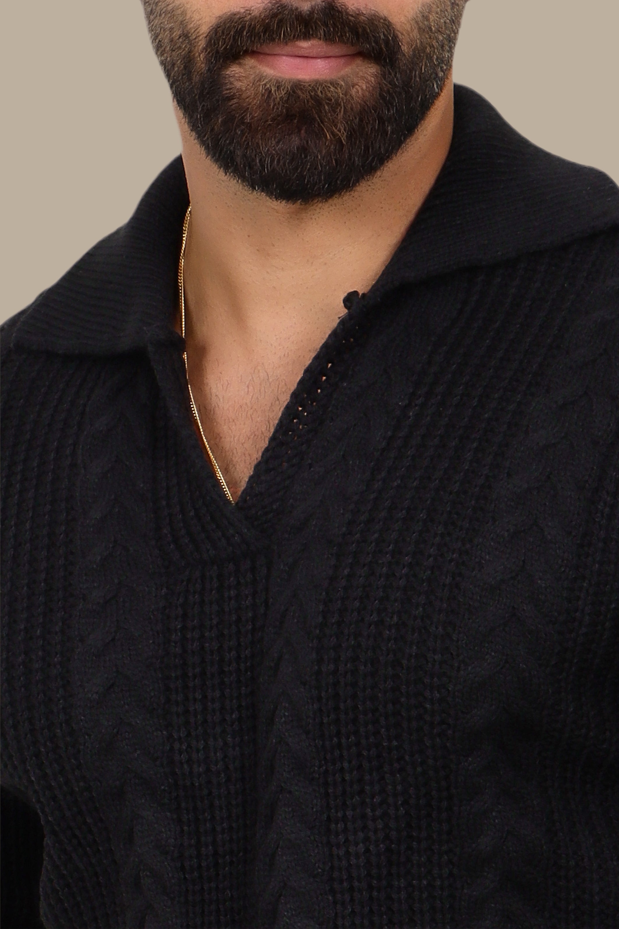 Braided V-Neck Sweater in Black