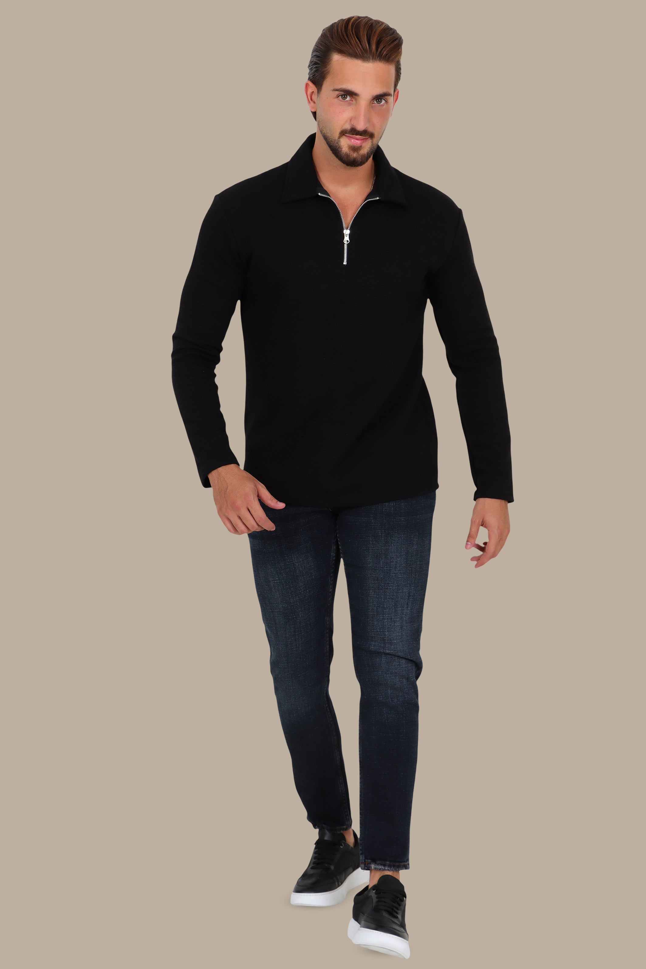 Long Sleeve Zipper Polo in Gofre Fabric Black