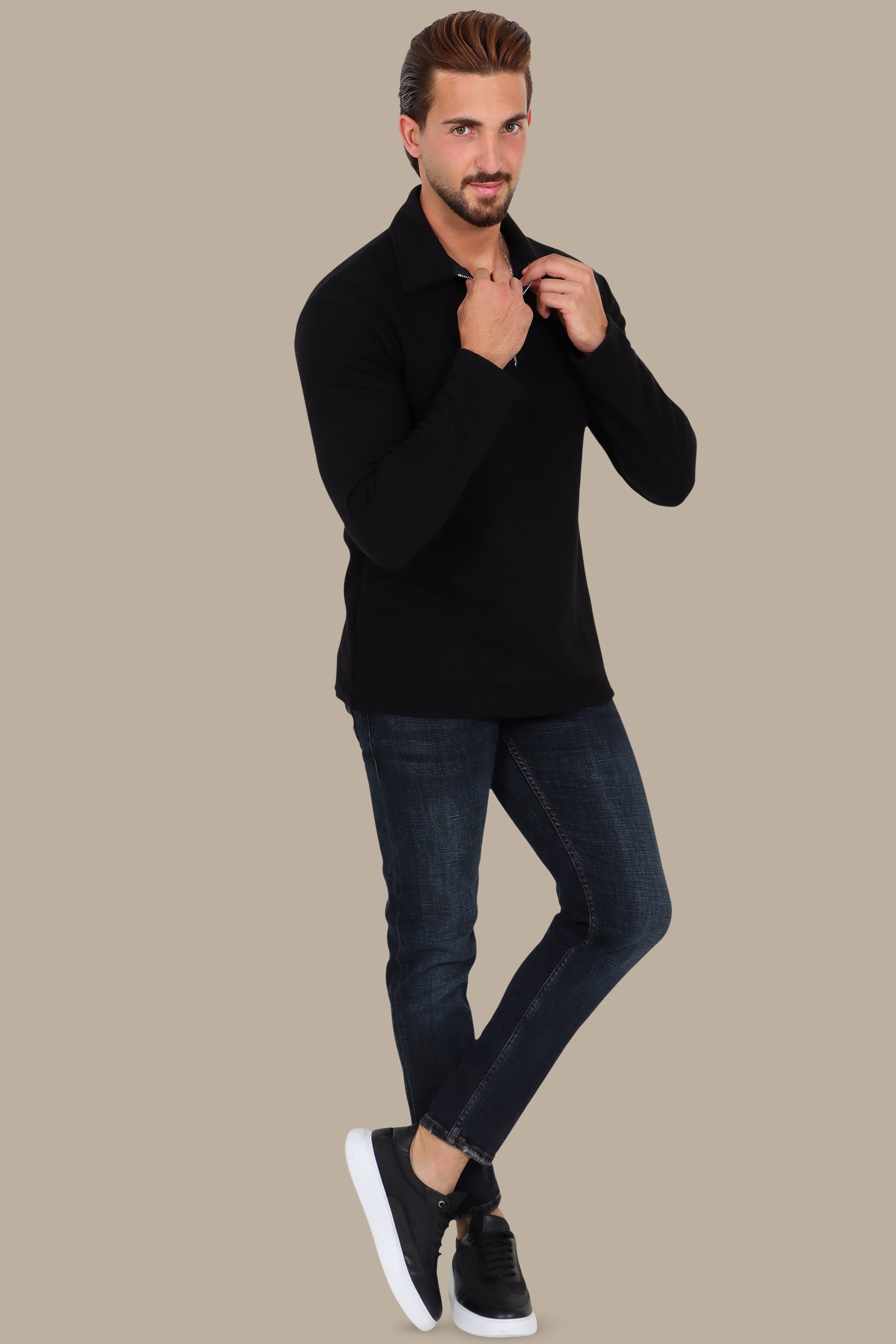 Long Sleeve Zipper Polo in Gofre Fabric Black