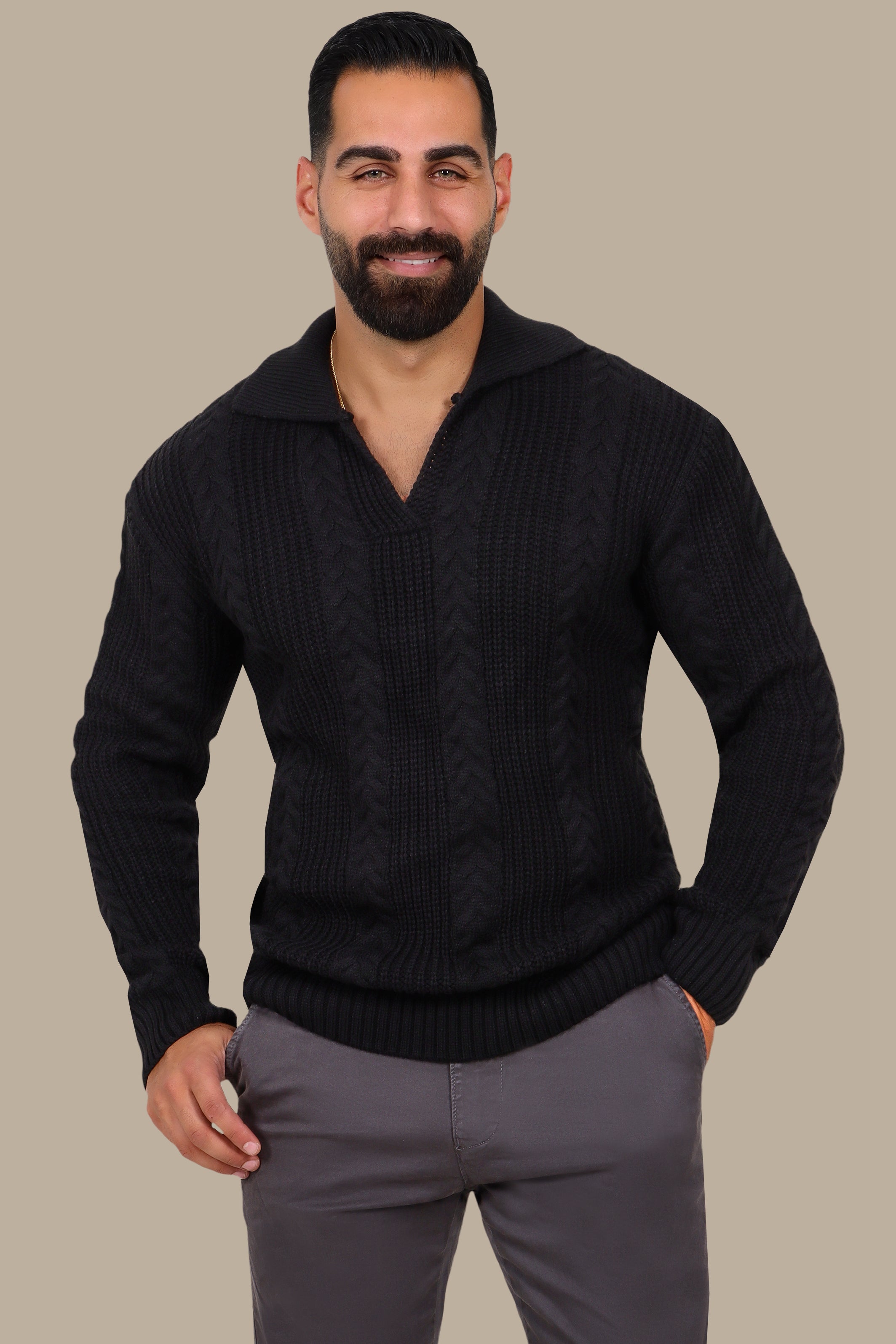 Braided V-Neck Sweater in Black