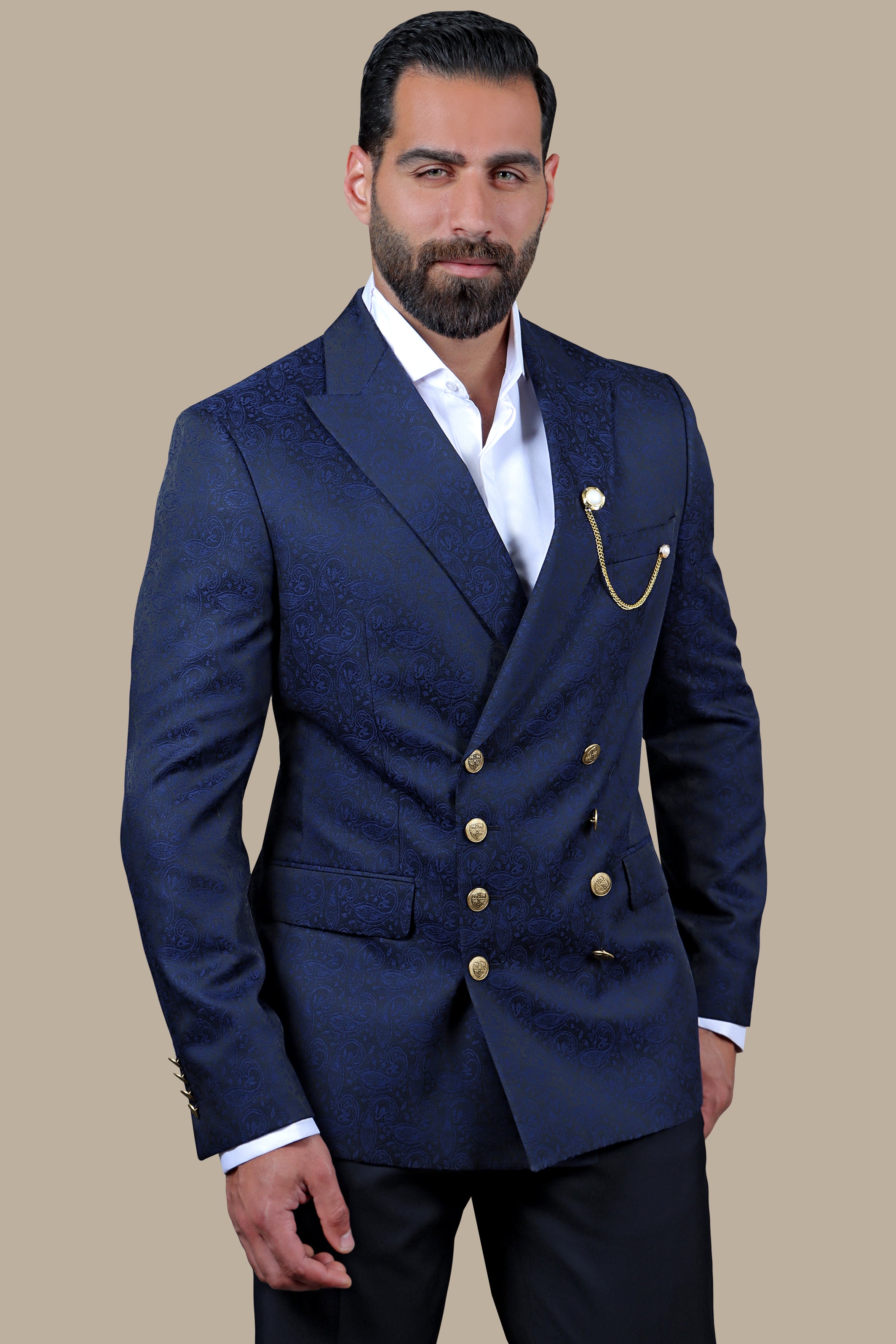 Navy Paisley Printed Blazer with Gold Buttons