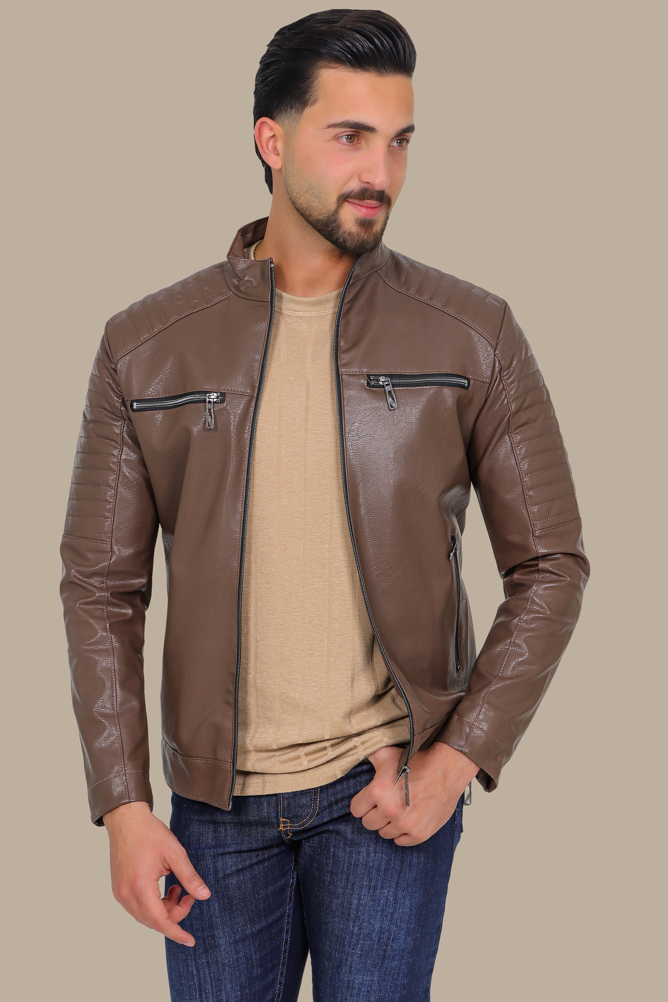 Brown Faux Leather Biker Jacket with 4 Zippers