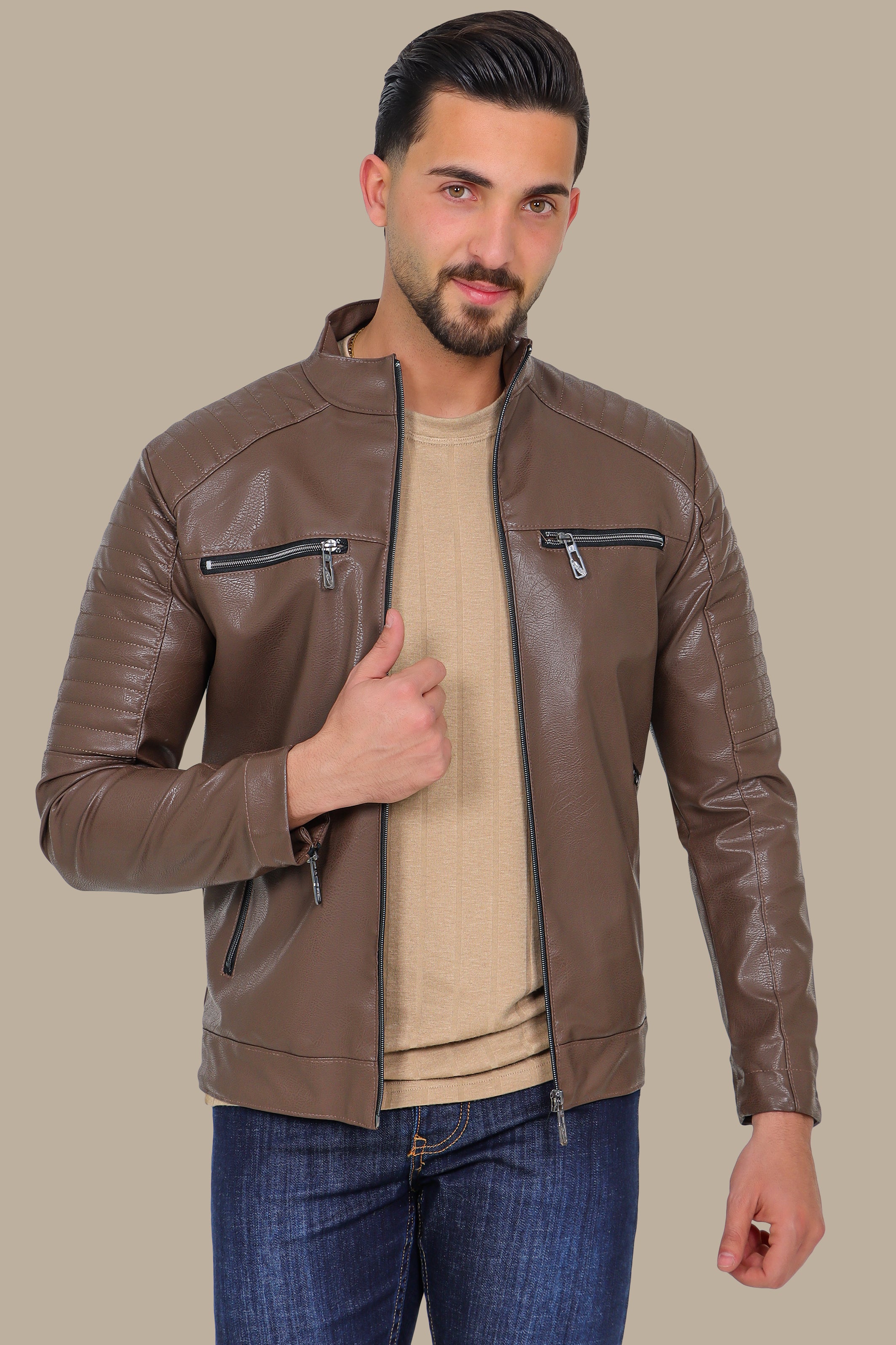 Brown Faux Leather Biker Jacket with 4 Zippers