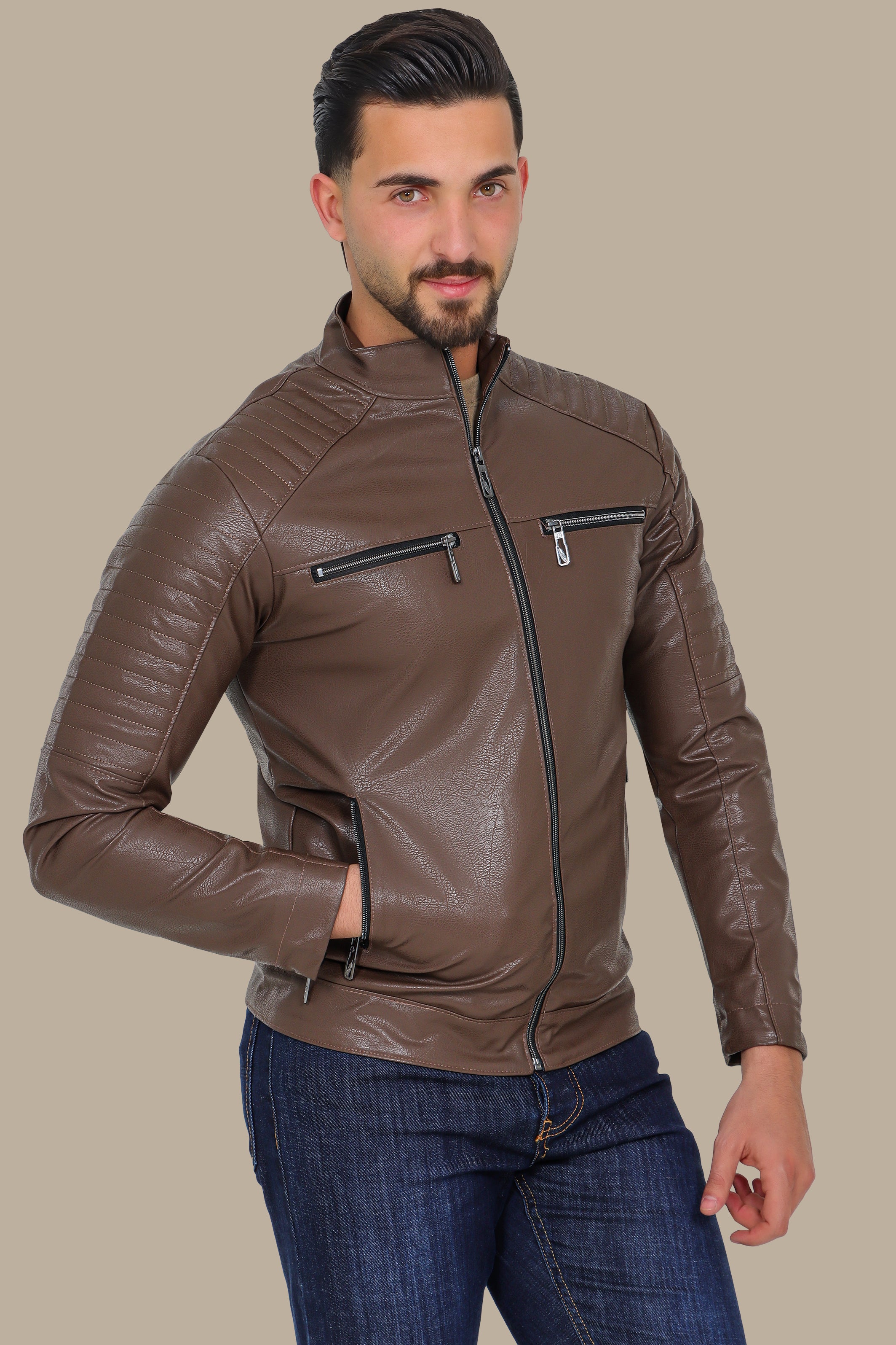 Brown Faux Leather Biker Jacket with 4 Zippers