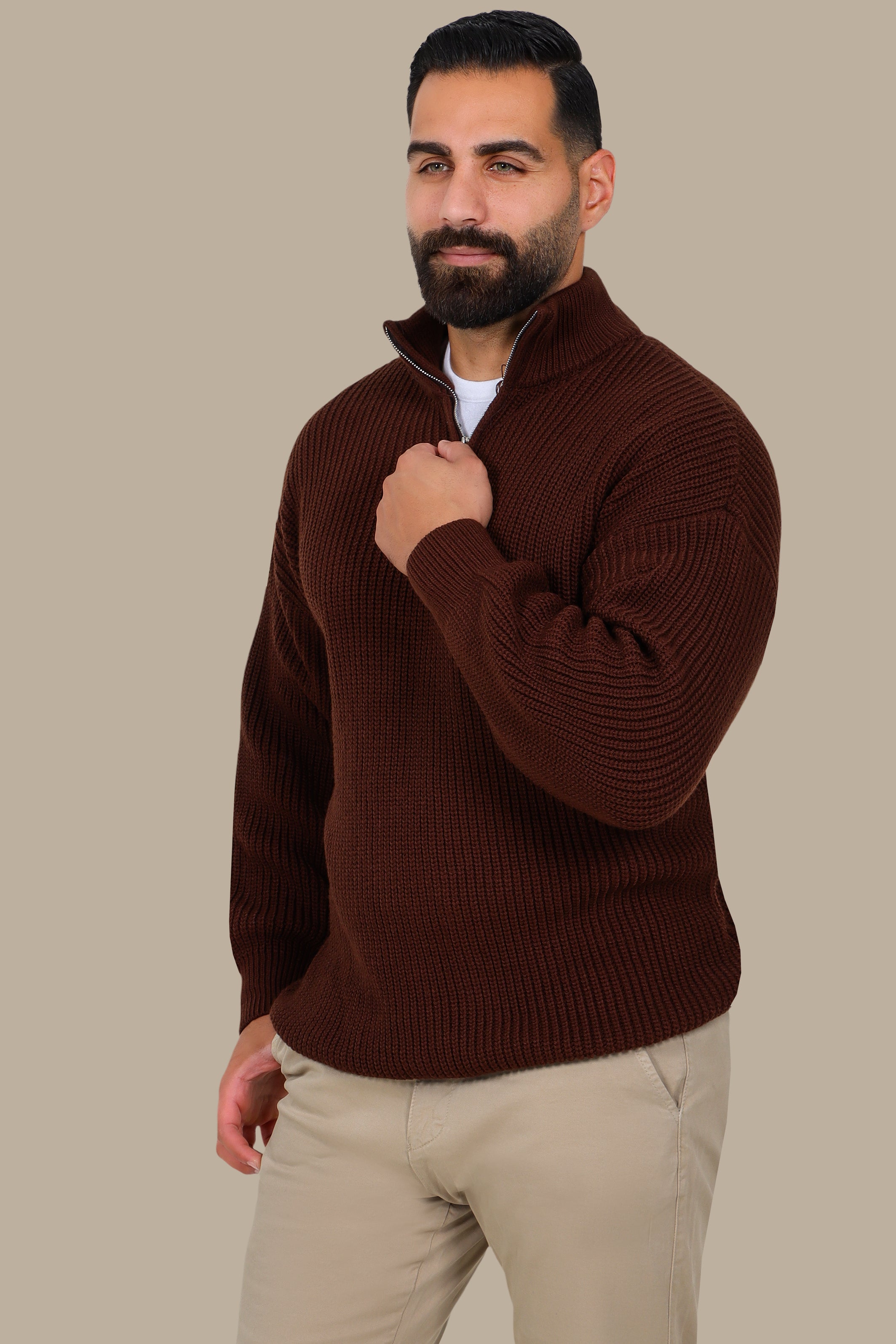 Mercerized Half-Zip Sweater in Brown