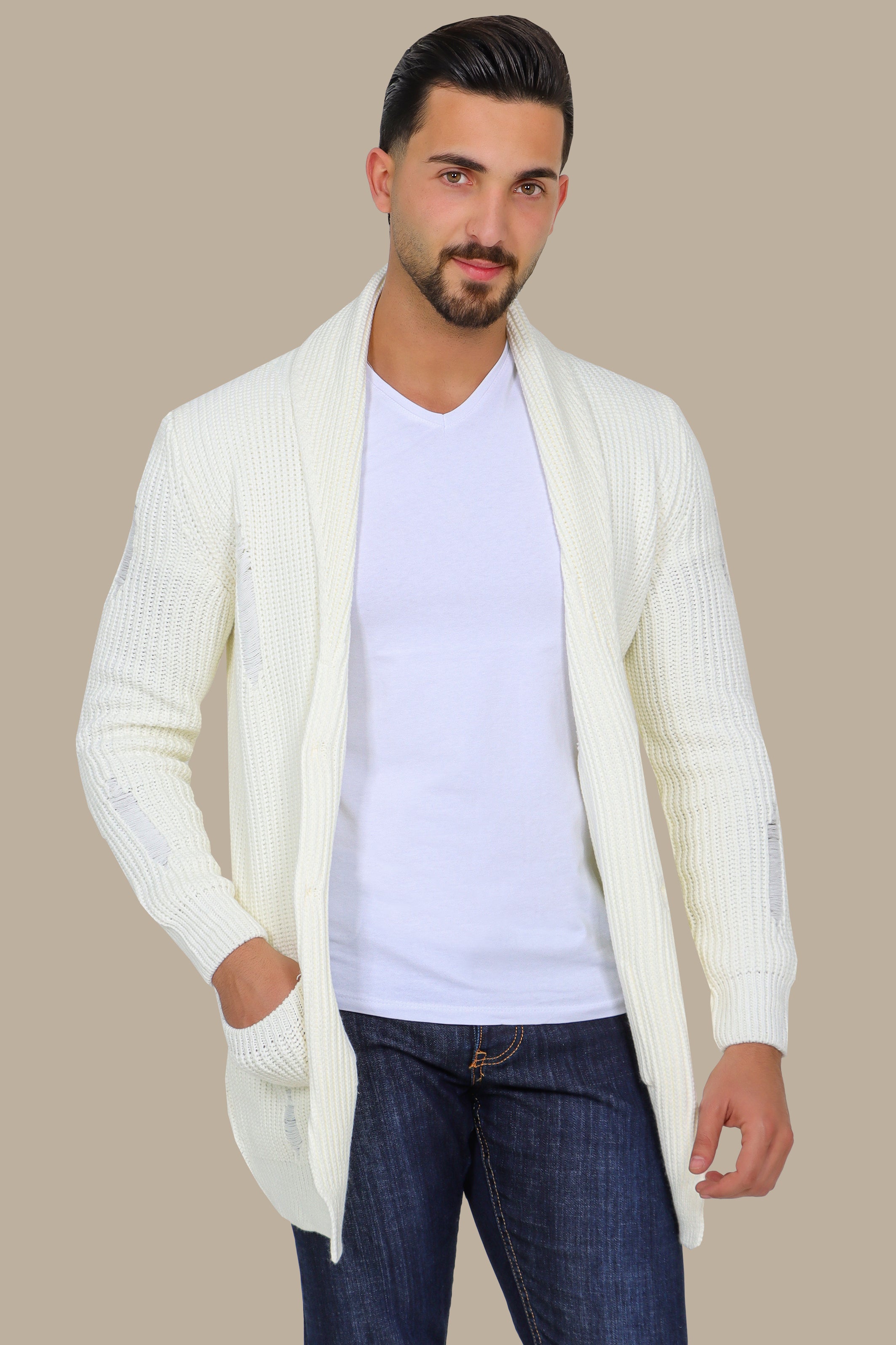 Long Mixed Mercerized Cardigan - White