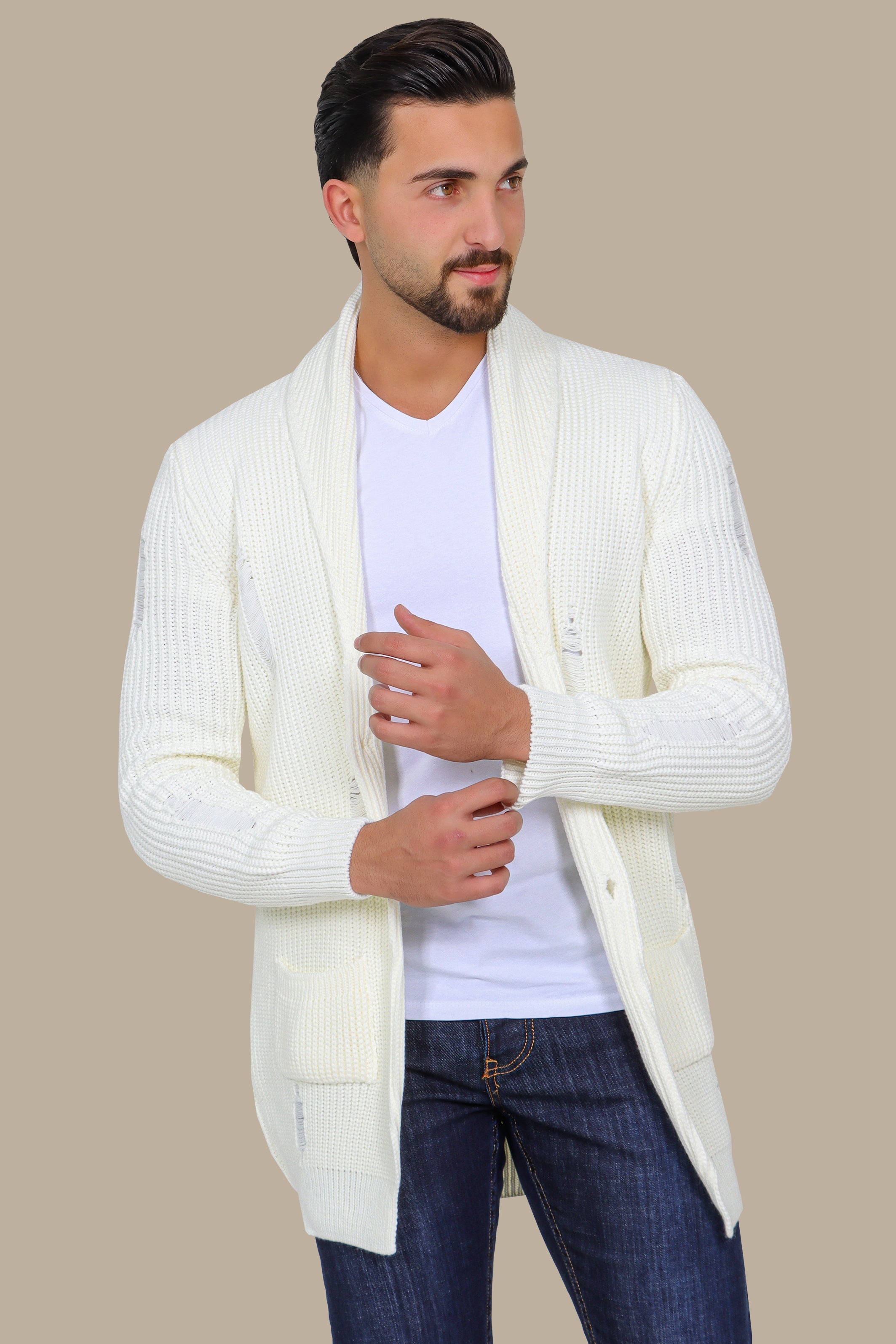 Long Mixed Mercerized Cardigan - White