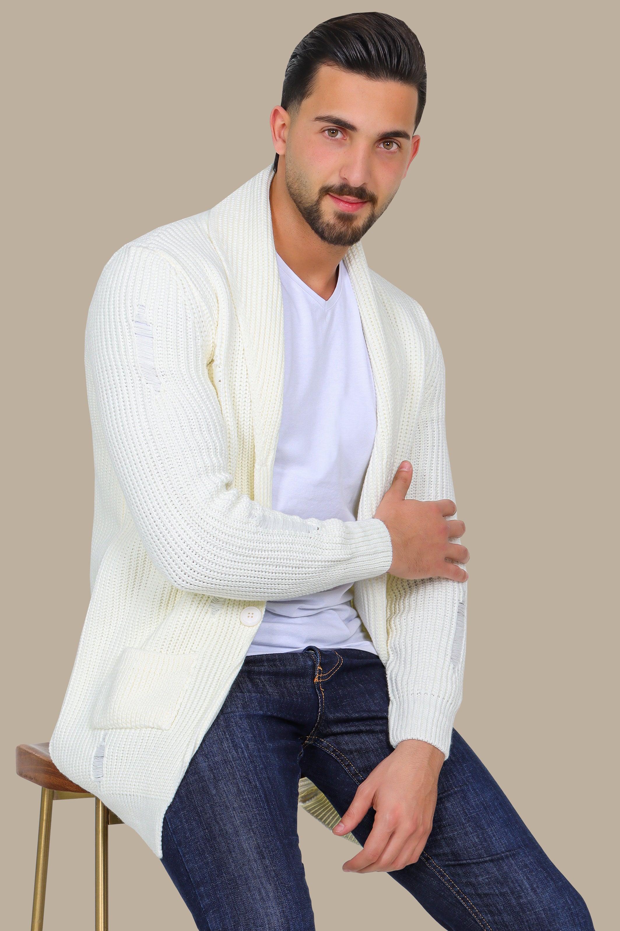 Long Mixed Mercerized Cardigan - White