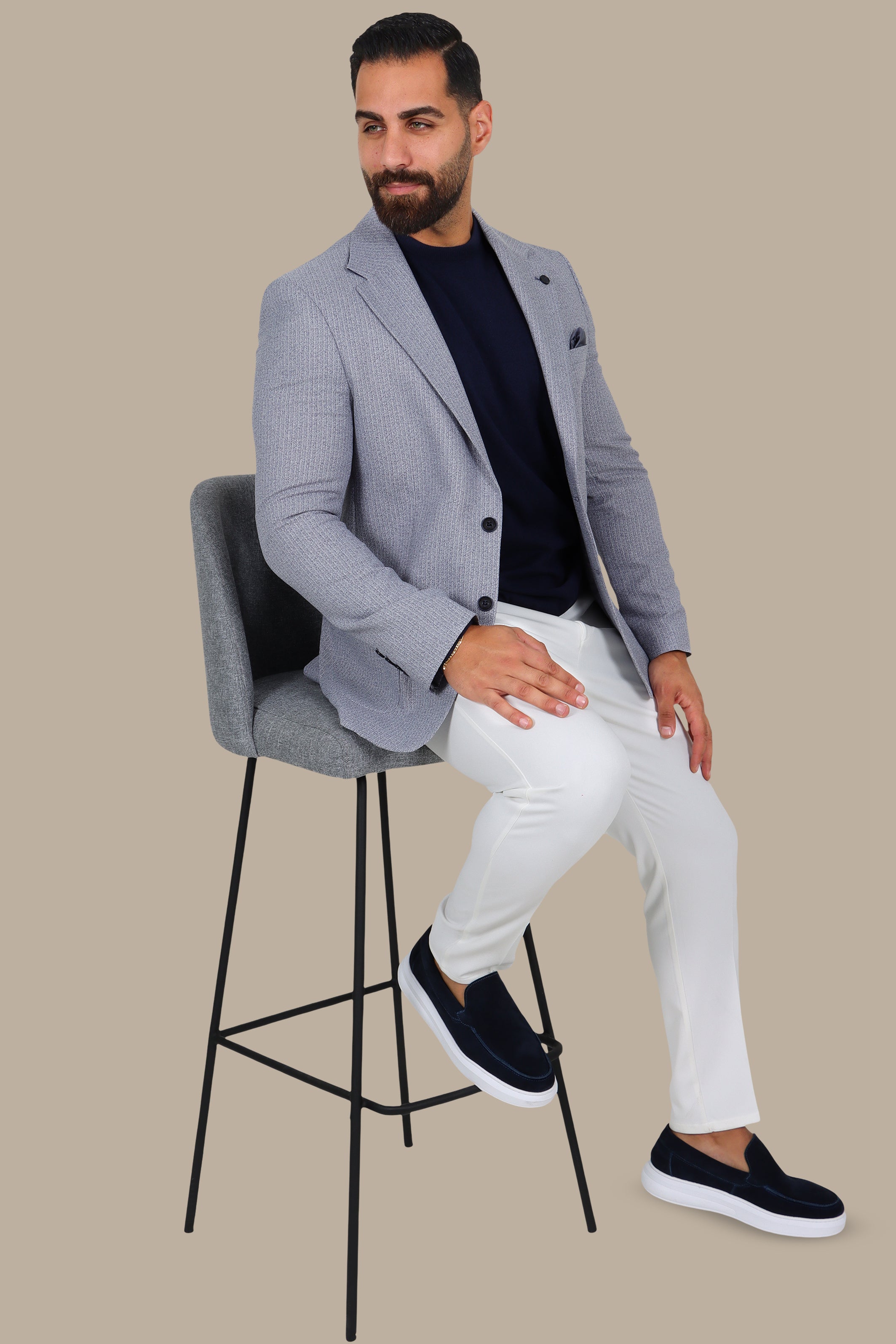 Grey Striped Blazer with Notch Lapel