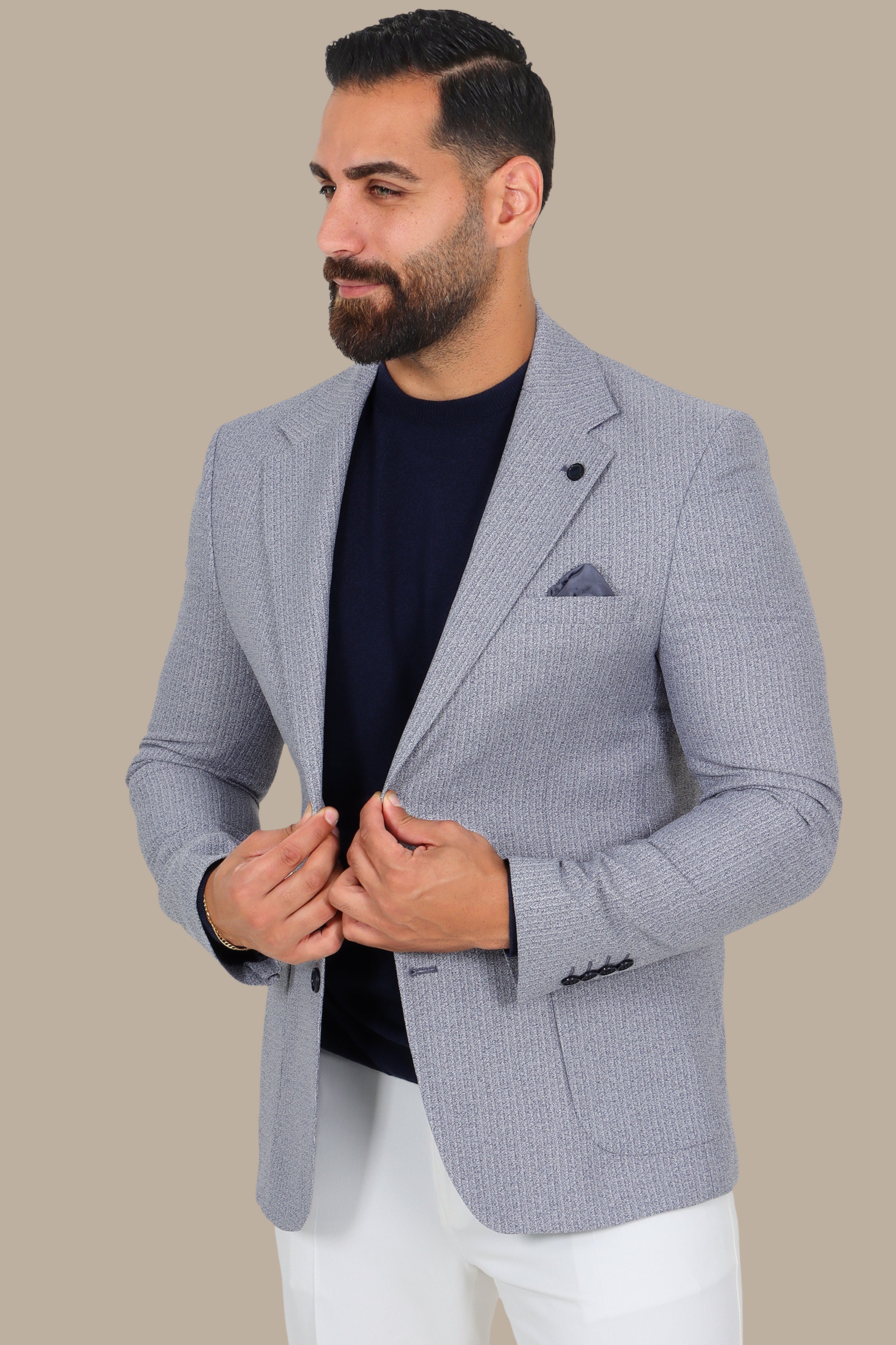 Grey Striped Blazer with Notch Lapel