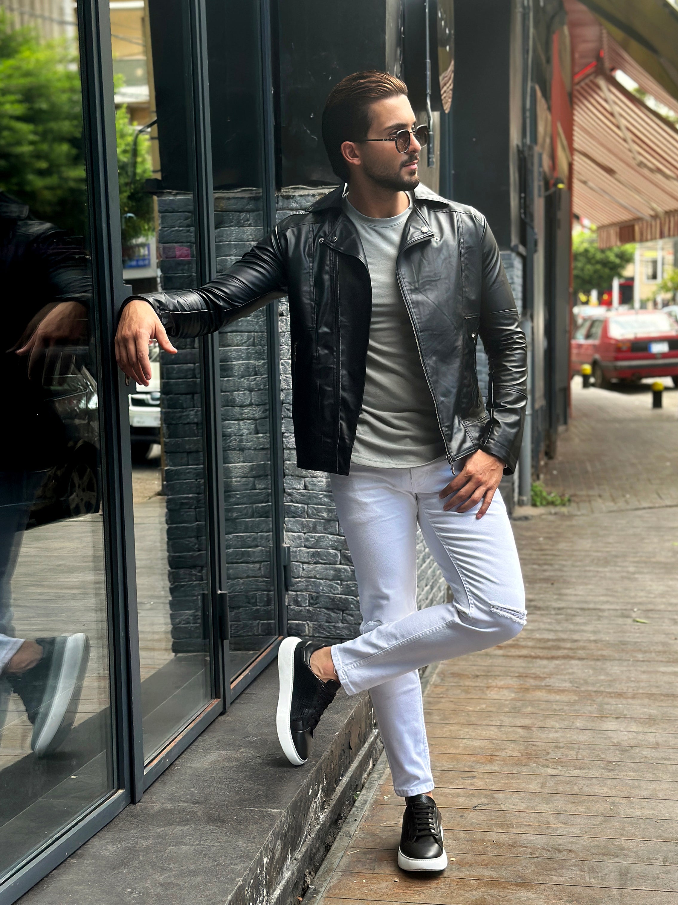 Black Rebel: Faux Leather Biker Jacket with Wide Collar