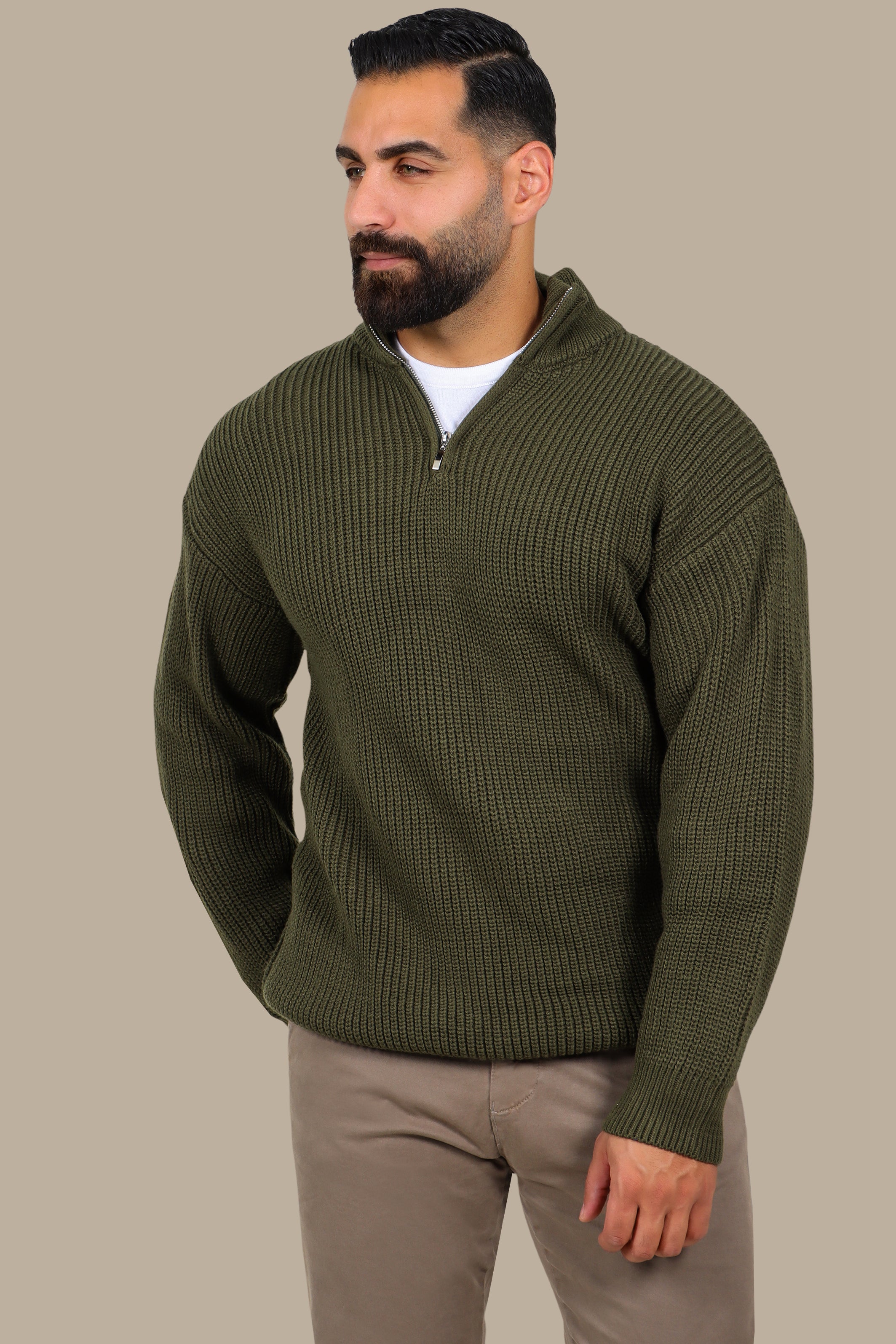Mercerized Half-Zip Sweater in Khaki
