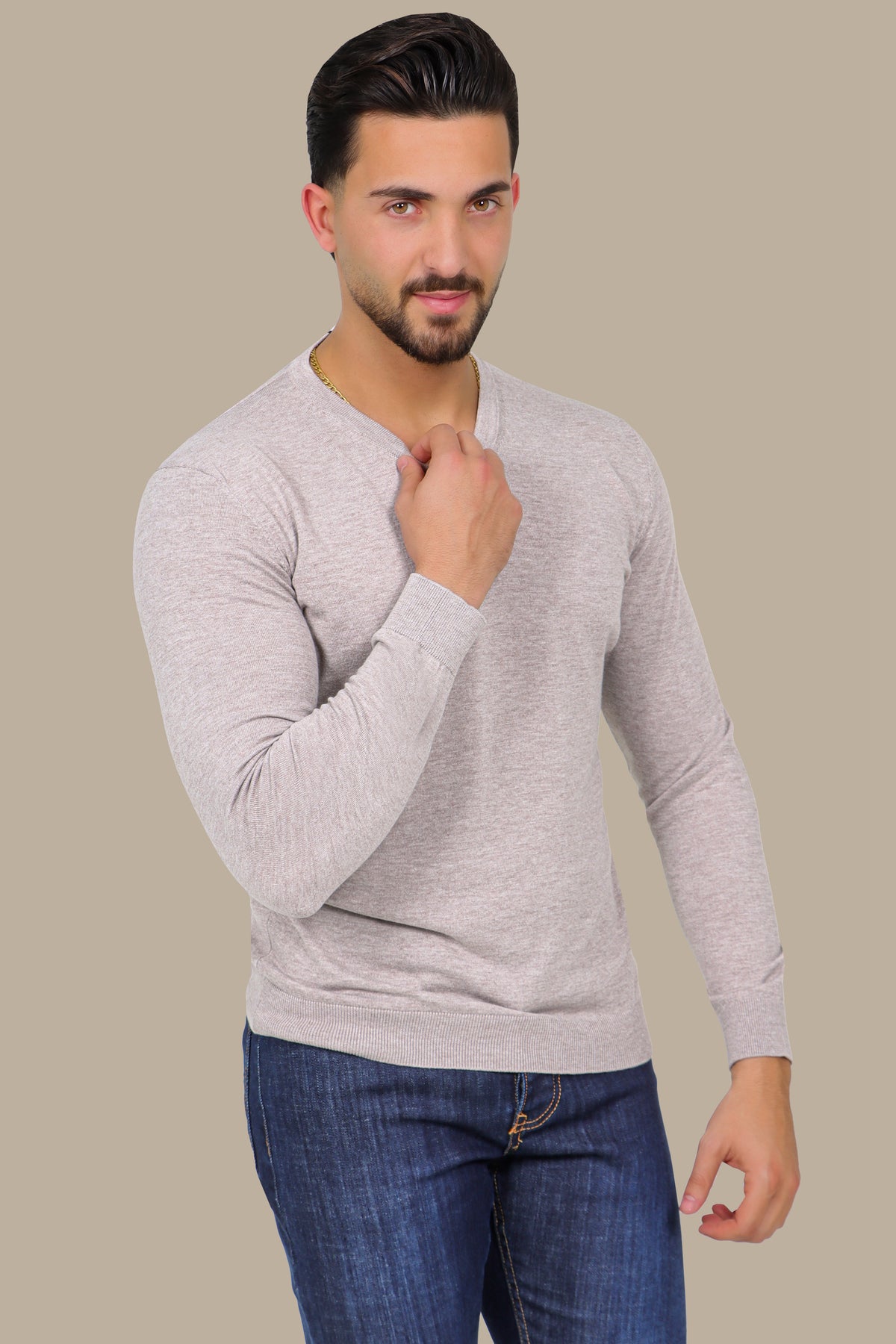 Light Beige Basic V-Neck Sweater