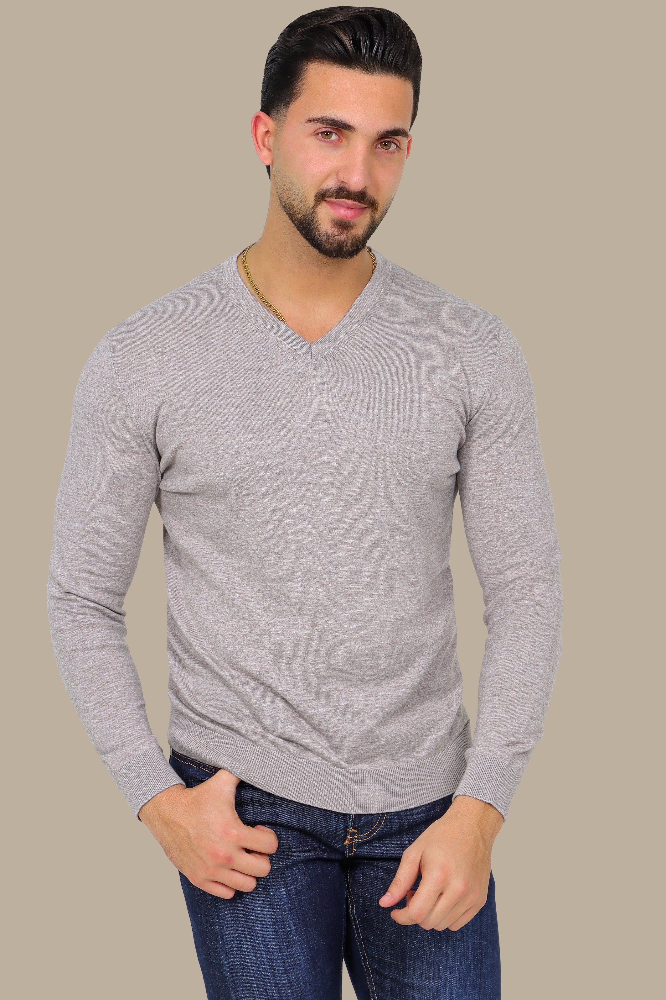 Light Beige Basic V-Neck Sweater