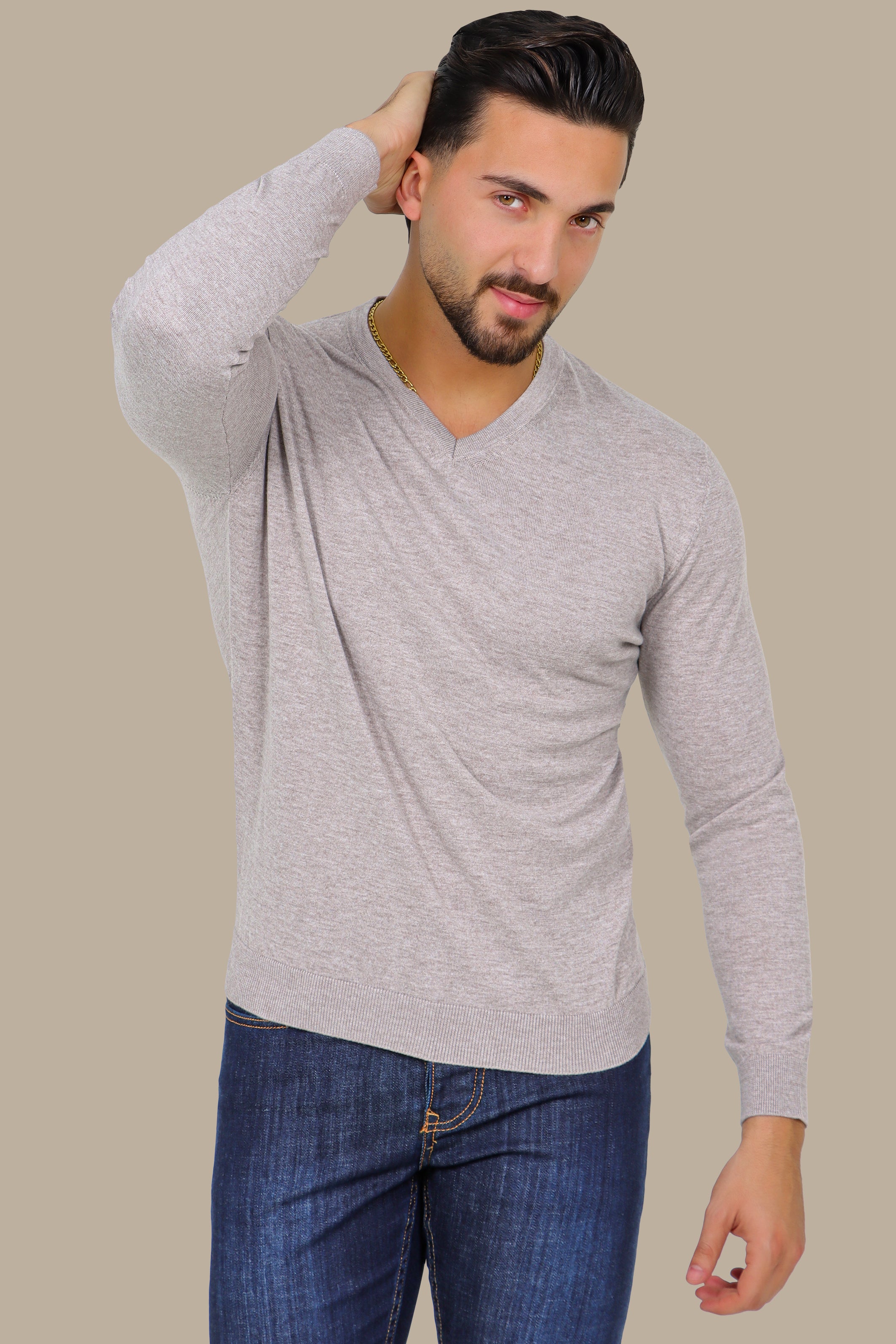 Light Beige Basic V-Neck Sweater