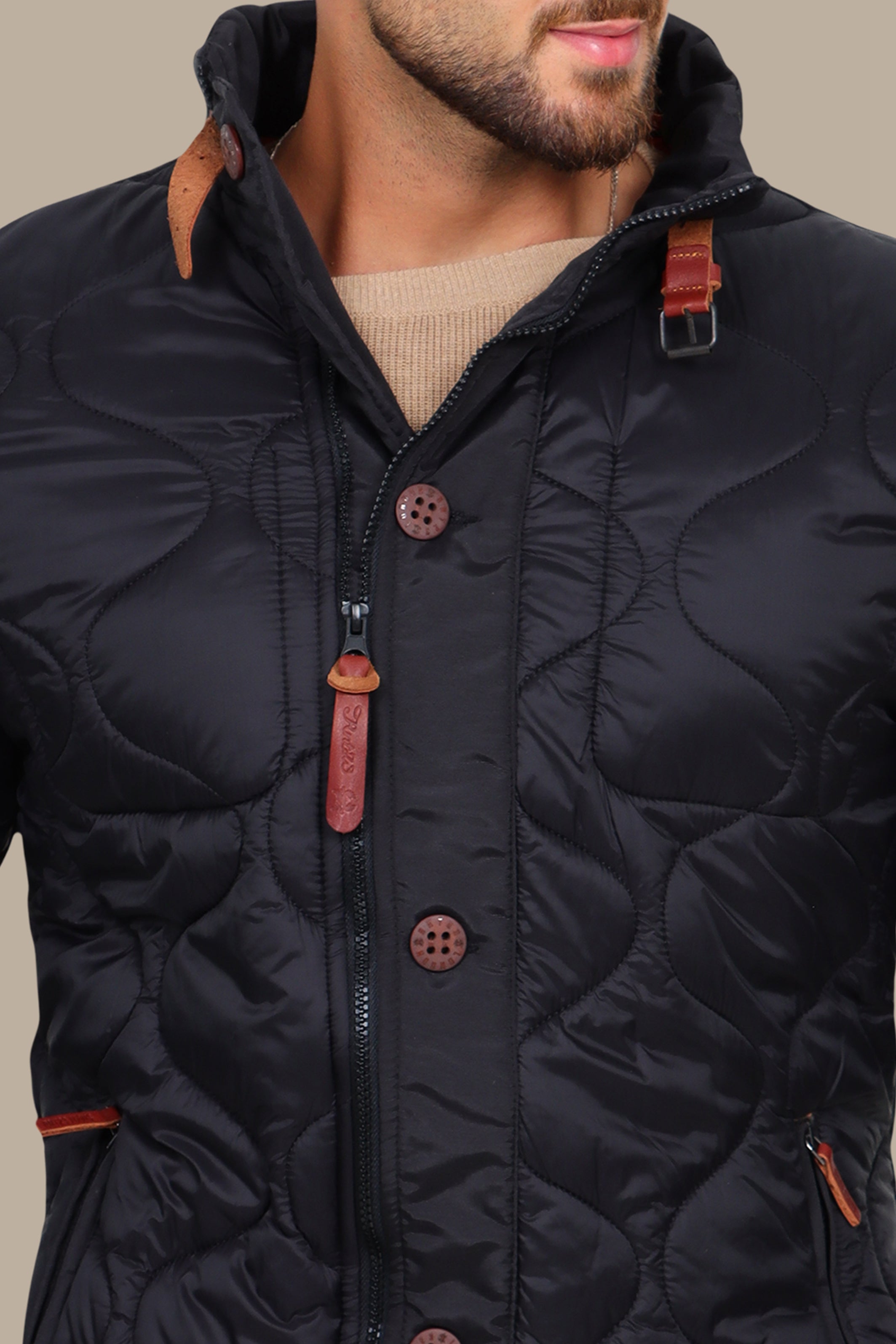 Black Quilted Puffer Jacket with Refined Detailing