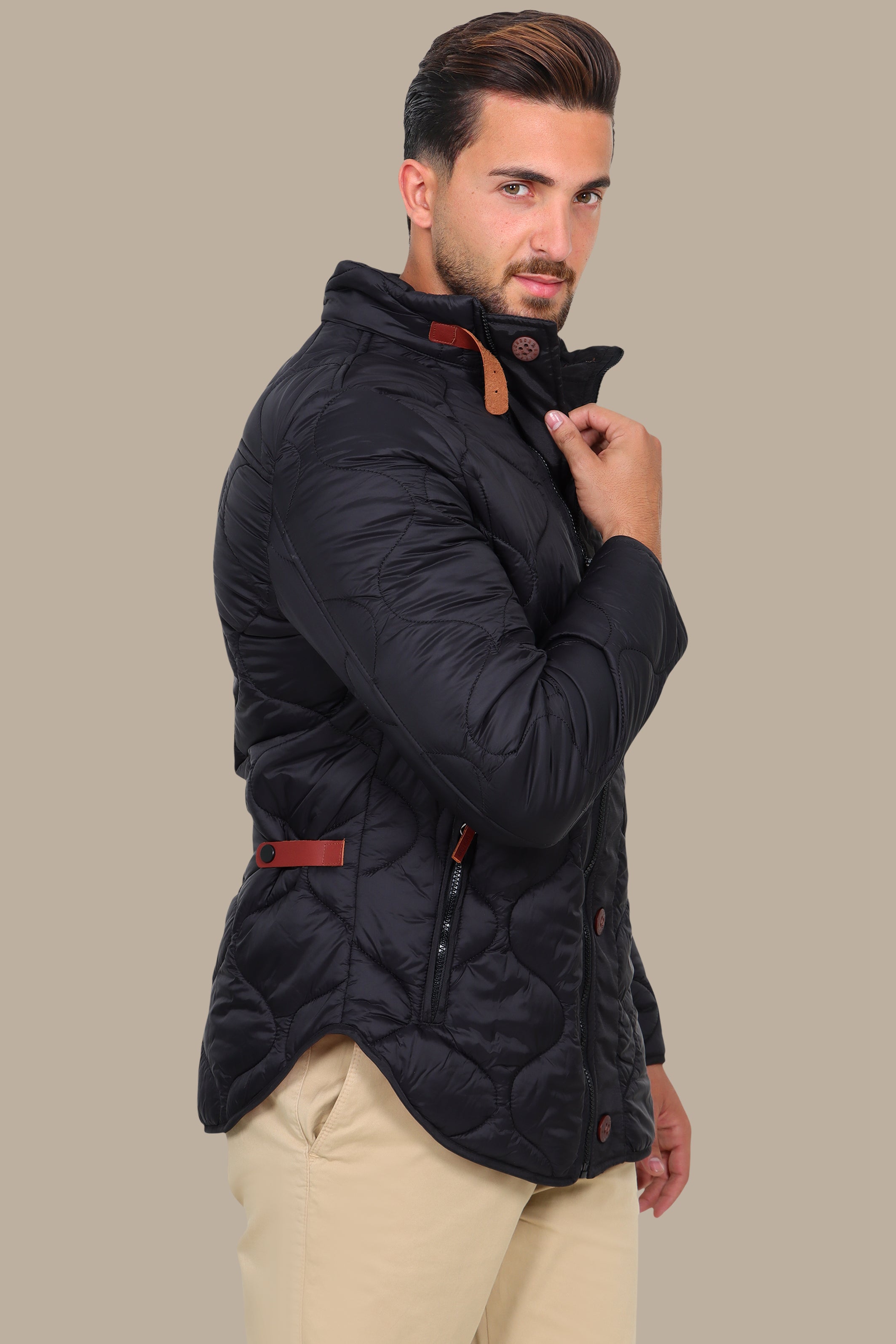 Black Quilted Puffer Jacket with Refined Detailing
