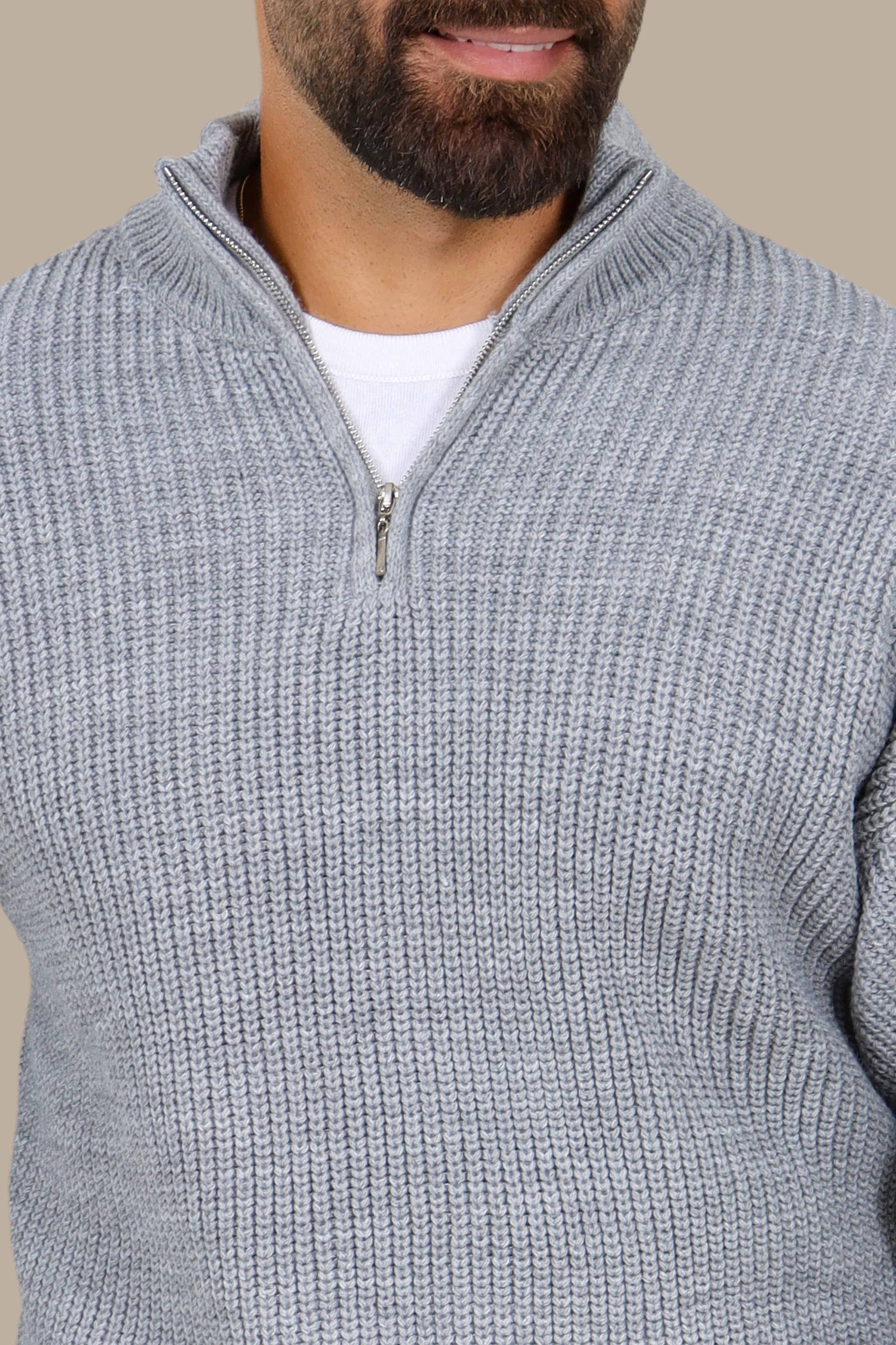 Grey Half-Zipper Plain Mercerized Sweater