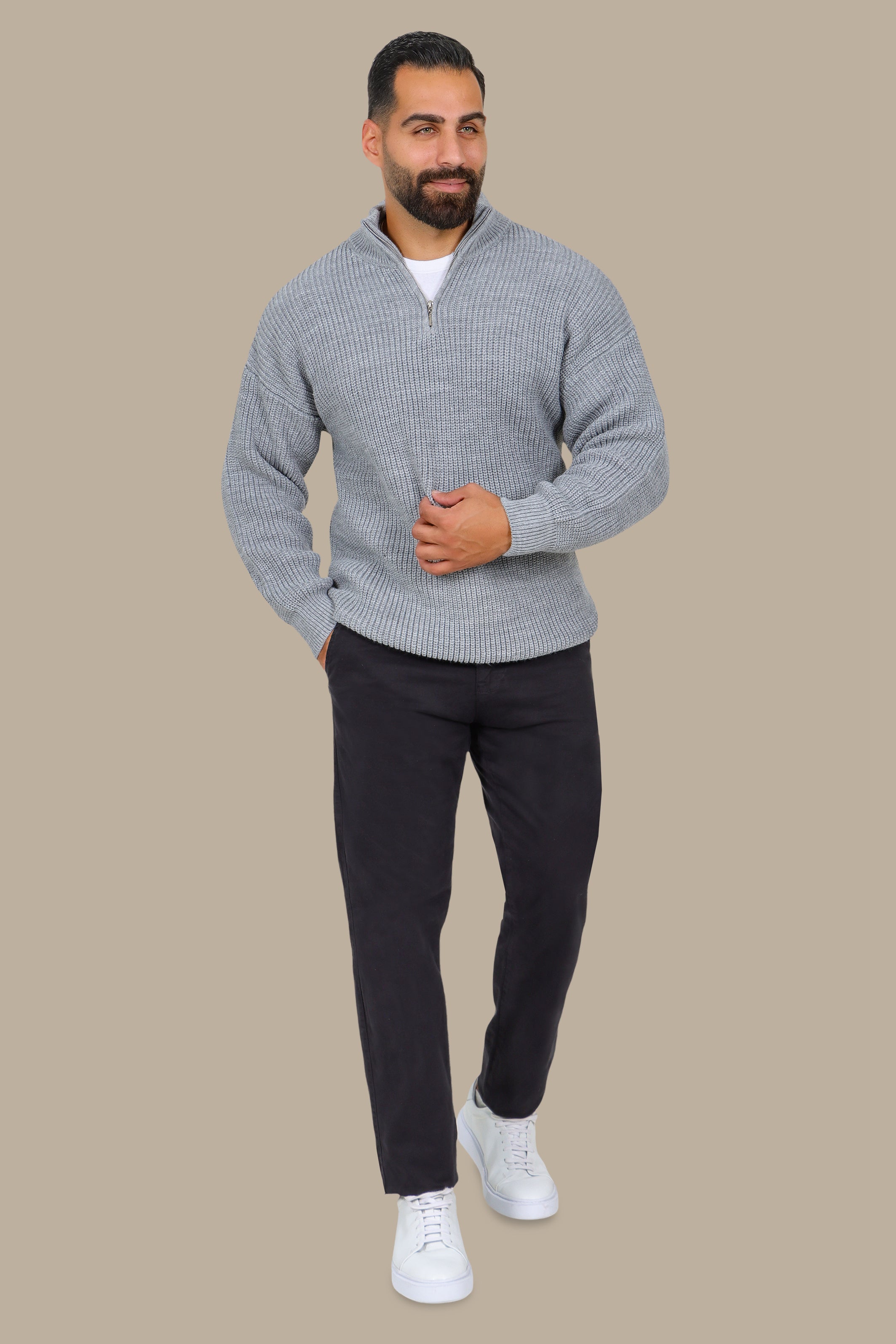 Grey Half-Zipper Plain Mercerized Sweater
