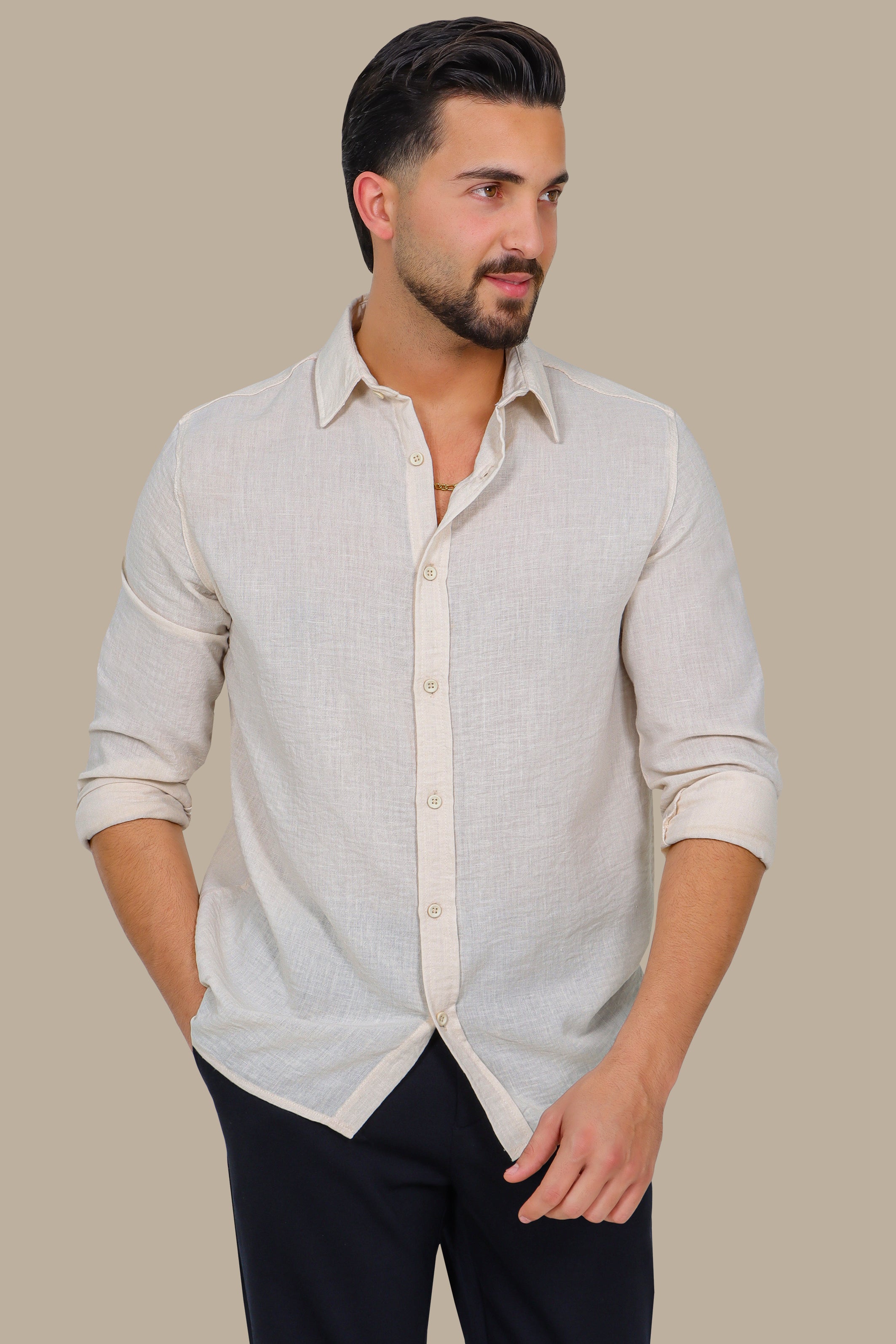 Timeless Comfort: Beige Linen Long Sleeve Shirt