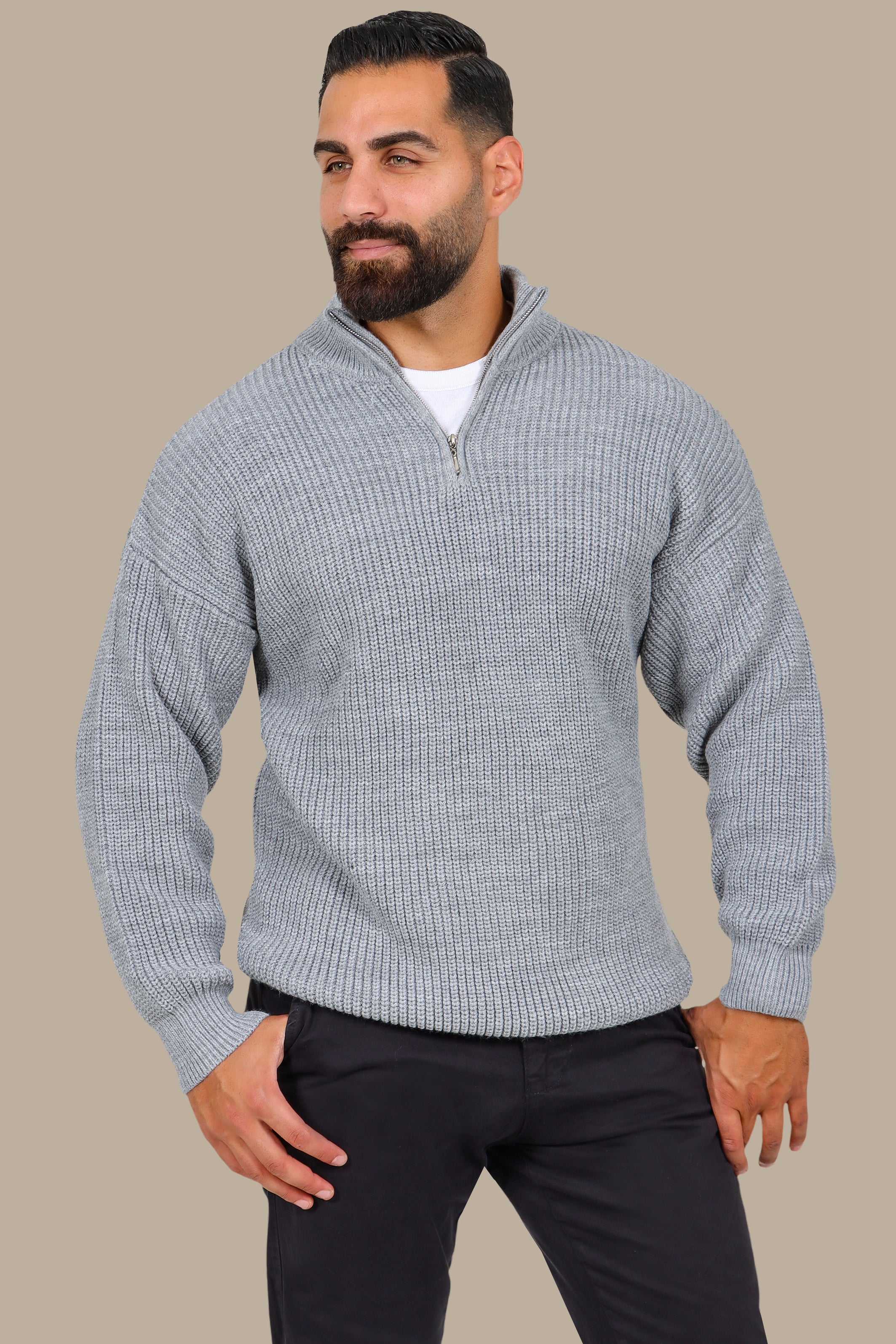 Grey Half-Zipper Plain Mercerized Sweater