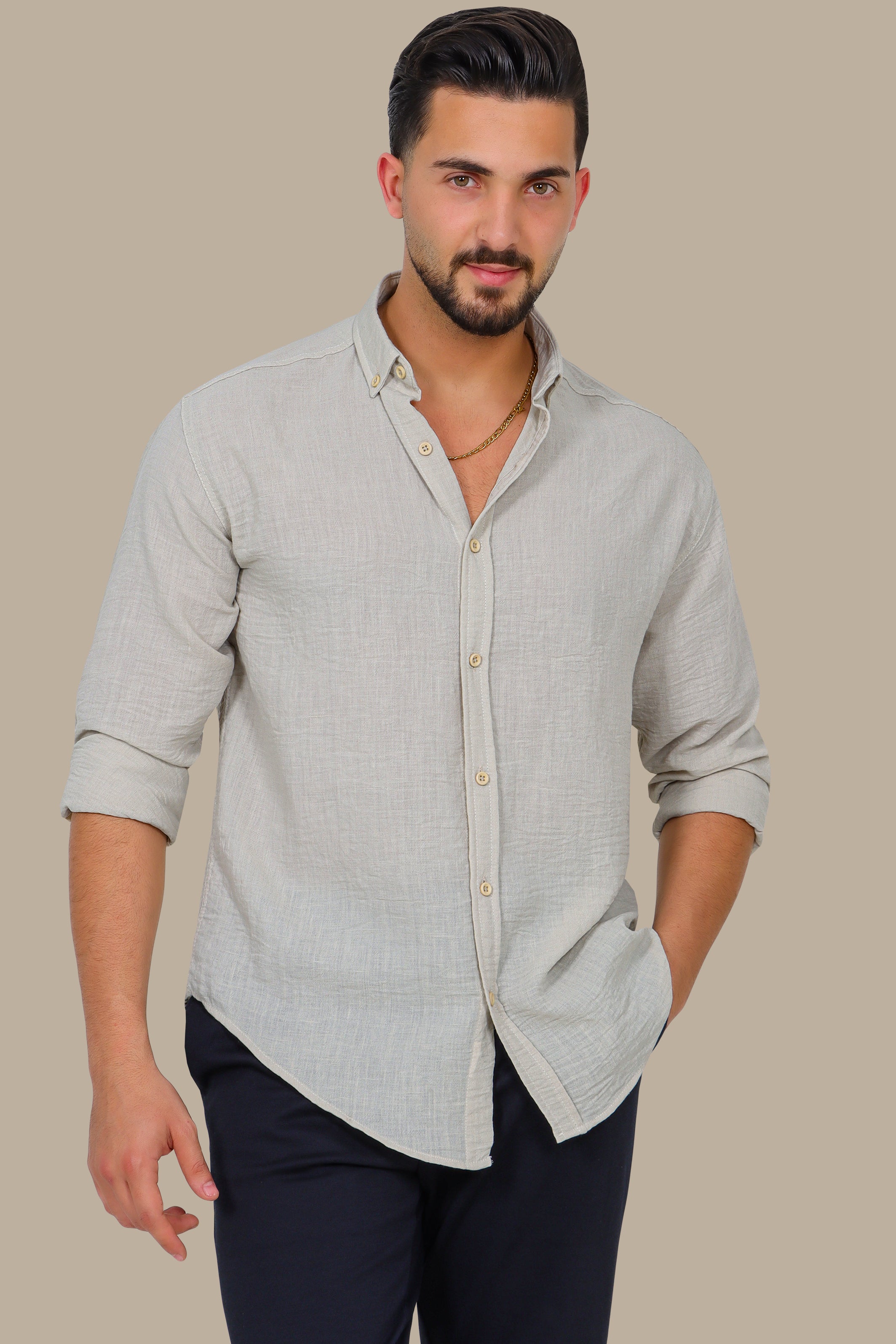 Timeless Elegance: Beige Linen Long Sleeve Button Down