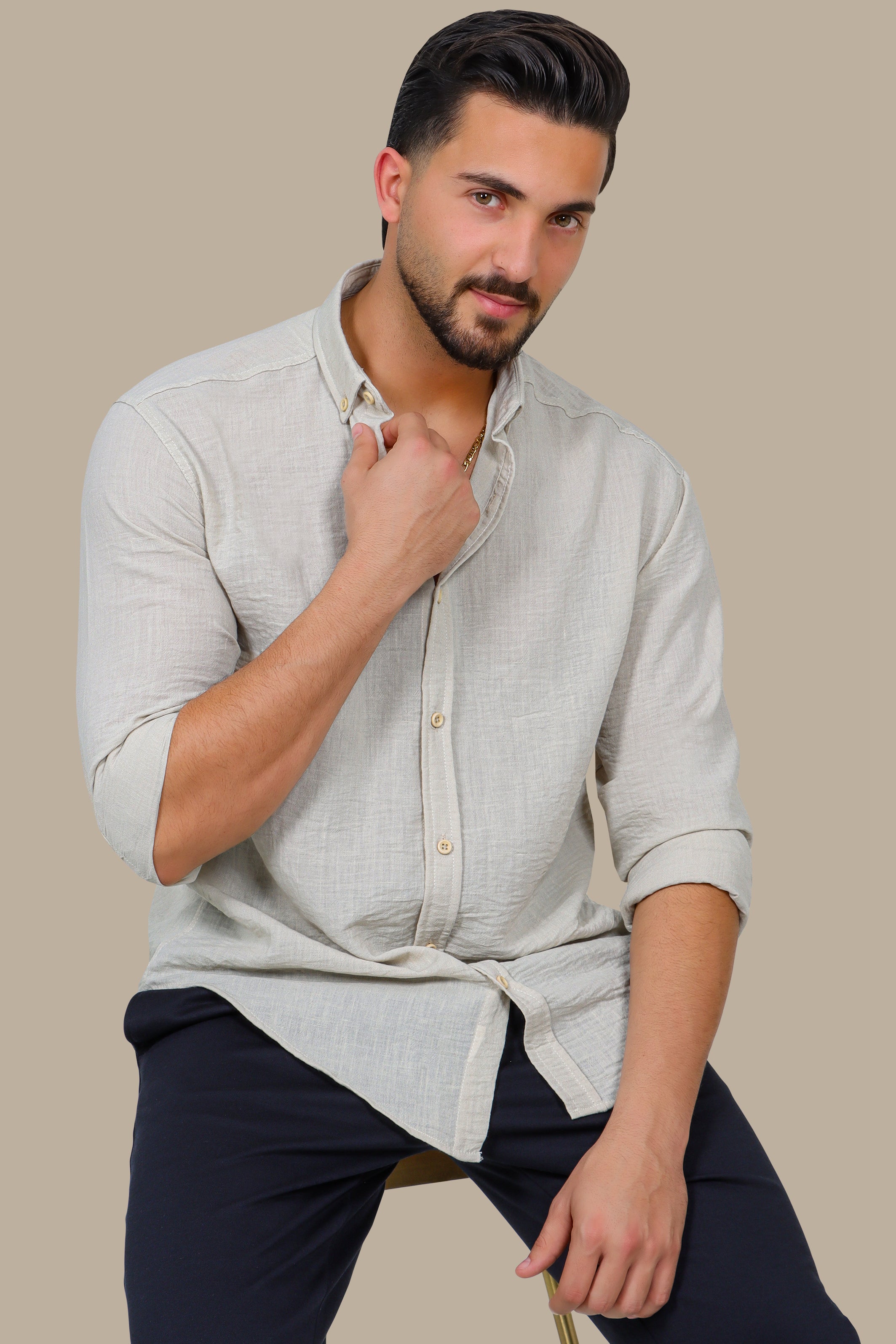 Timeless Elegance: Beige Linen Long Sleeve Button Down