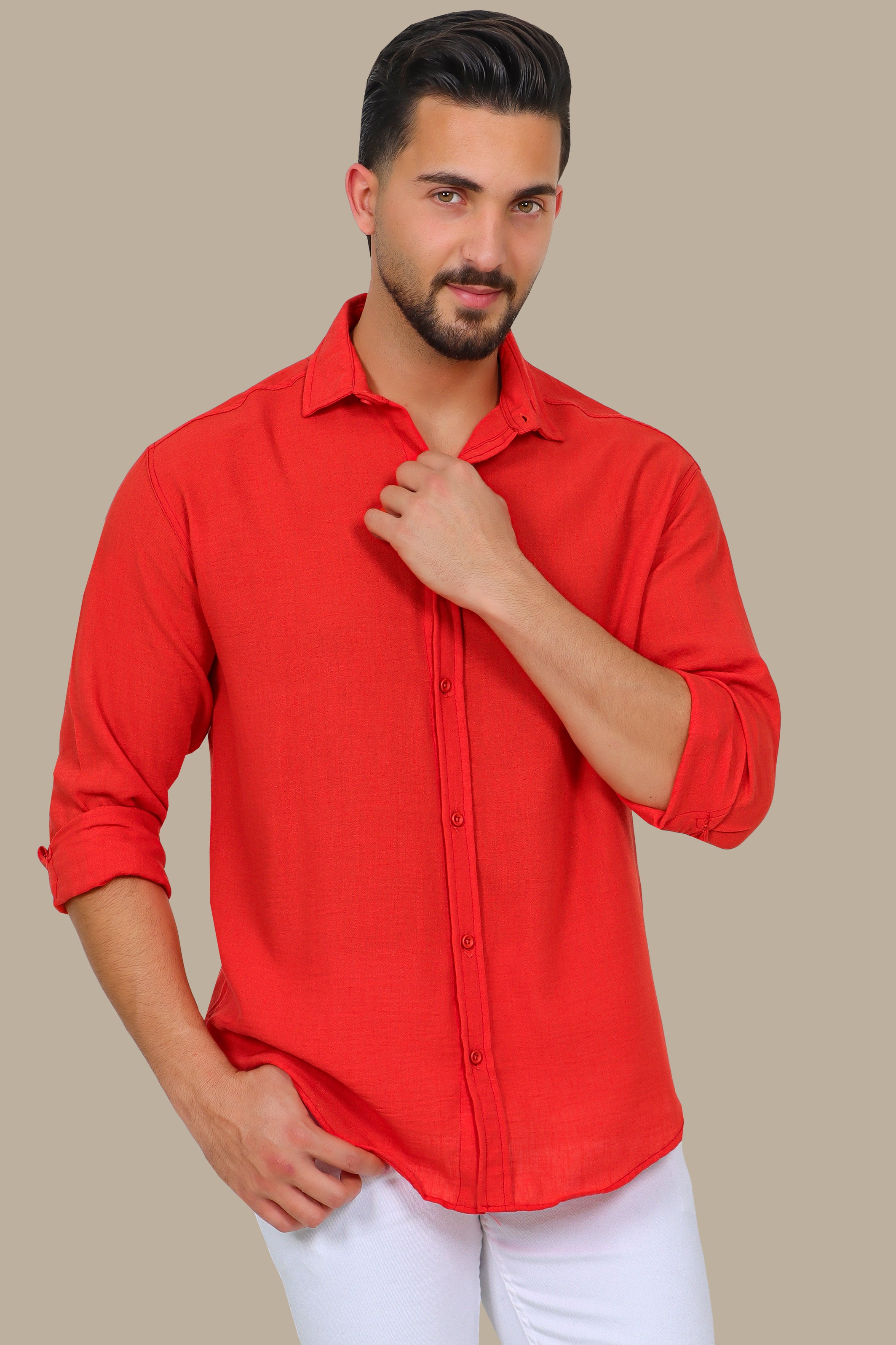 Coral Comfort: Long Sleeve Plain Linen Shirt