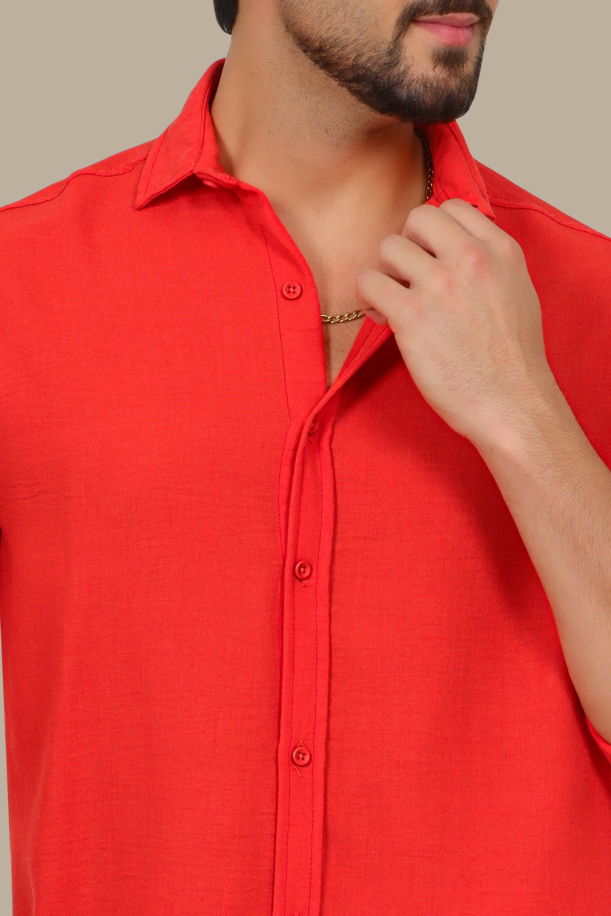 Coral Comfort: Long Sleeve Plain Linen Shirt