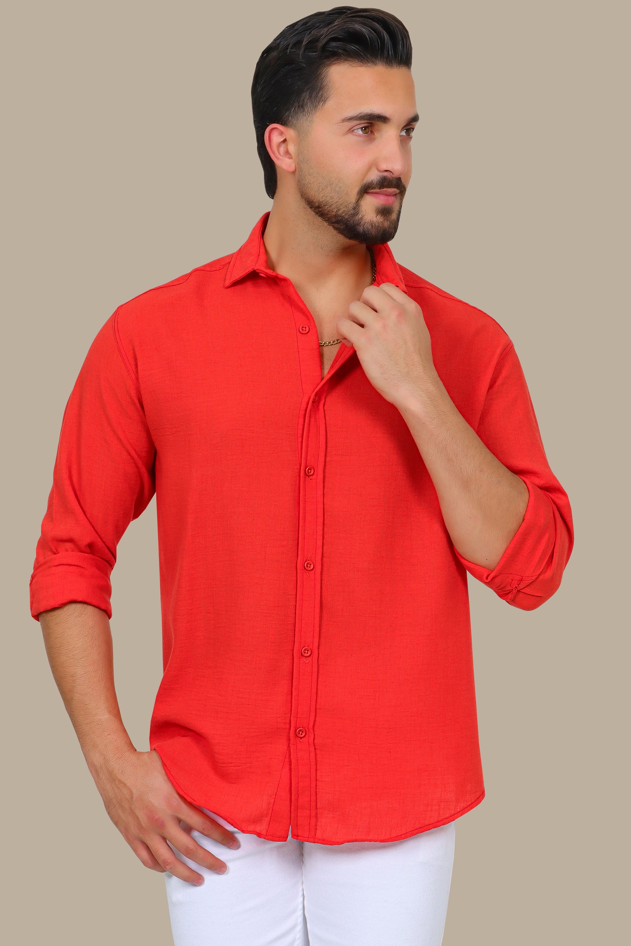 Coral Comfort: Long Sleeve Plain Linen Shirt