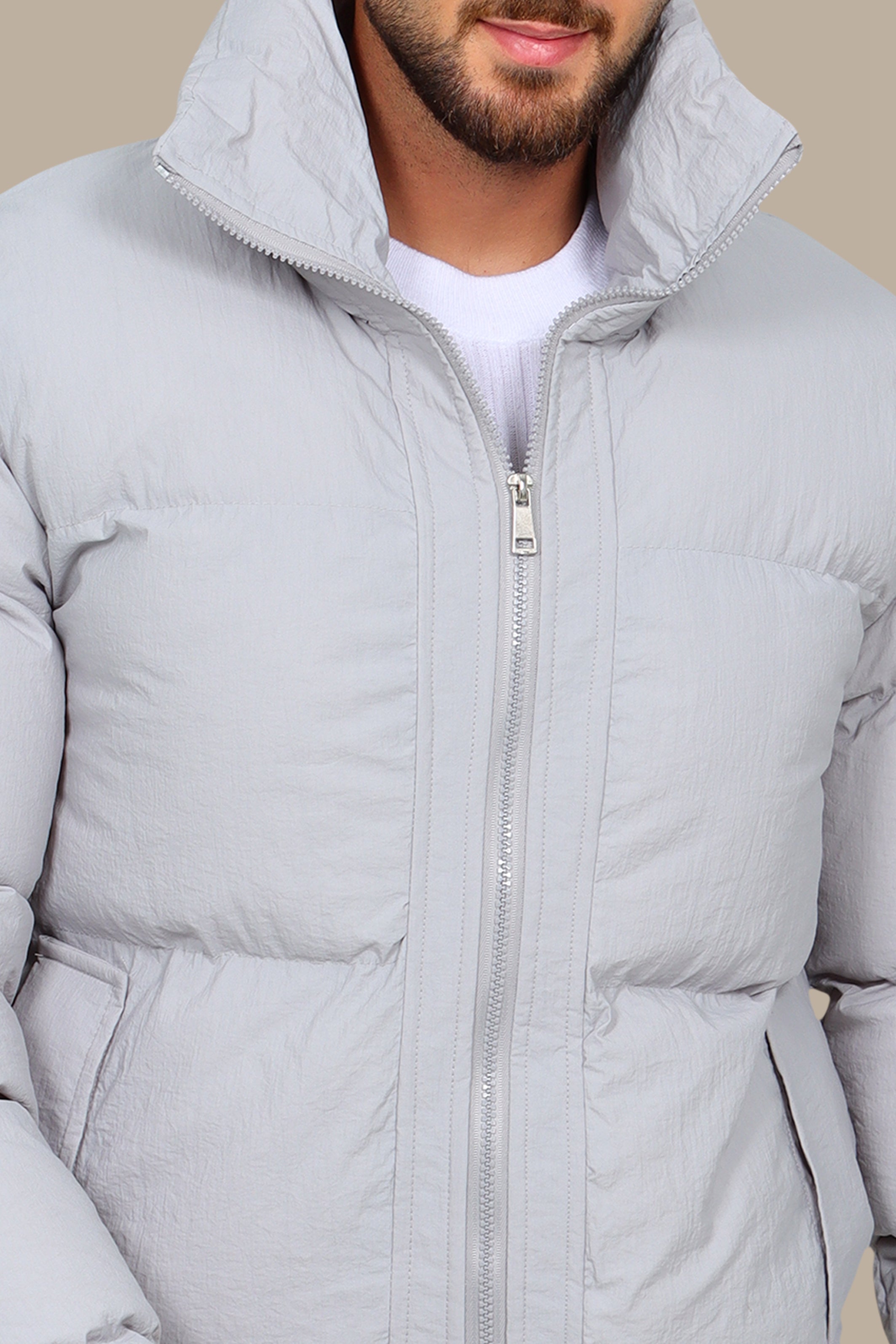 Plain Grey Puffer Jacket – Warm & Versatile