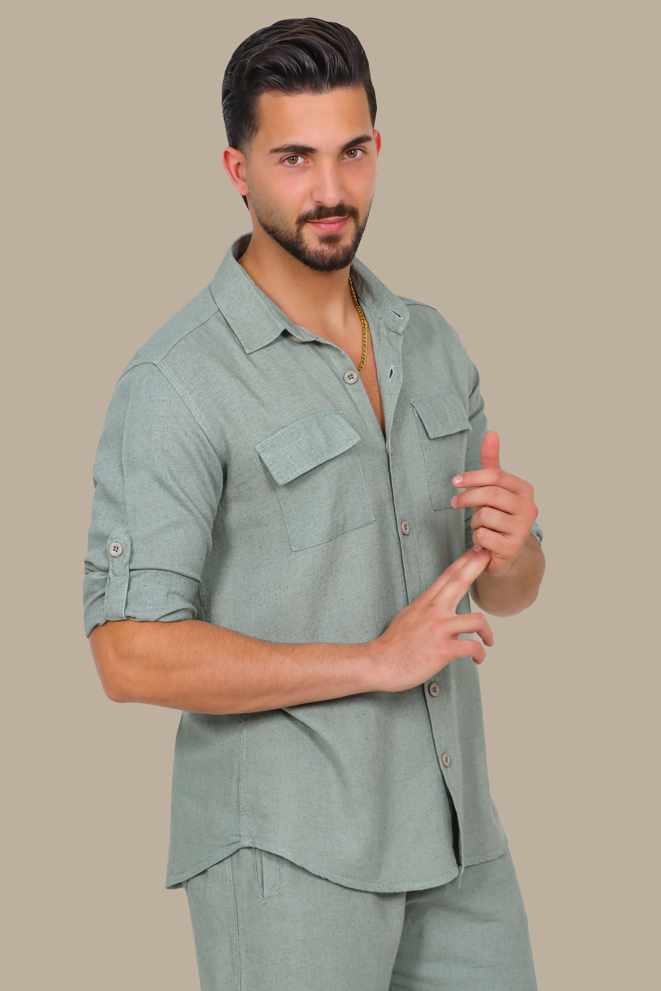 Olive Linen Shirt with Flap Pockets