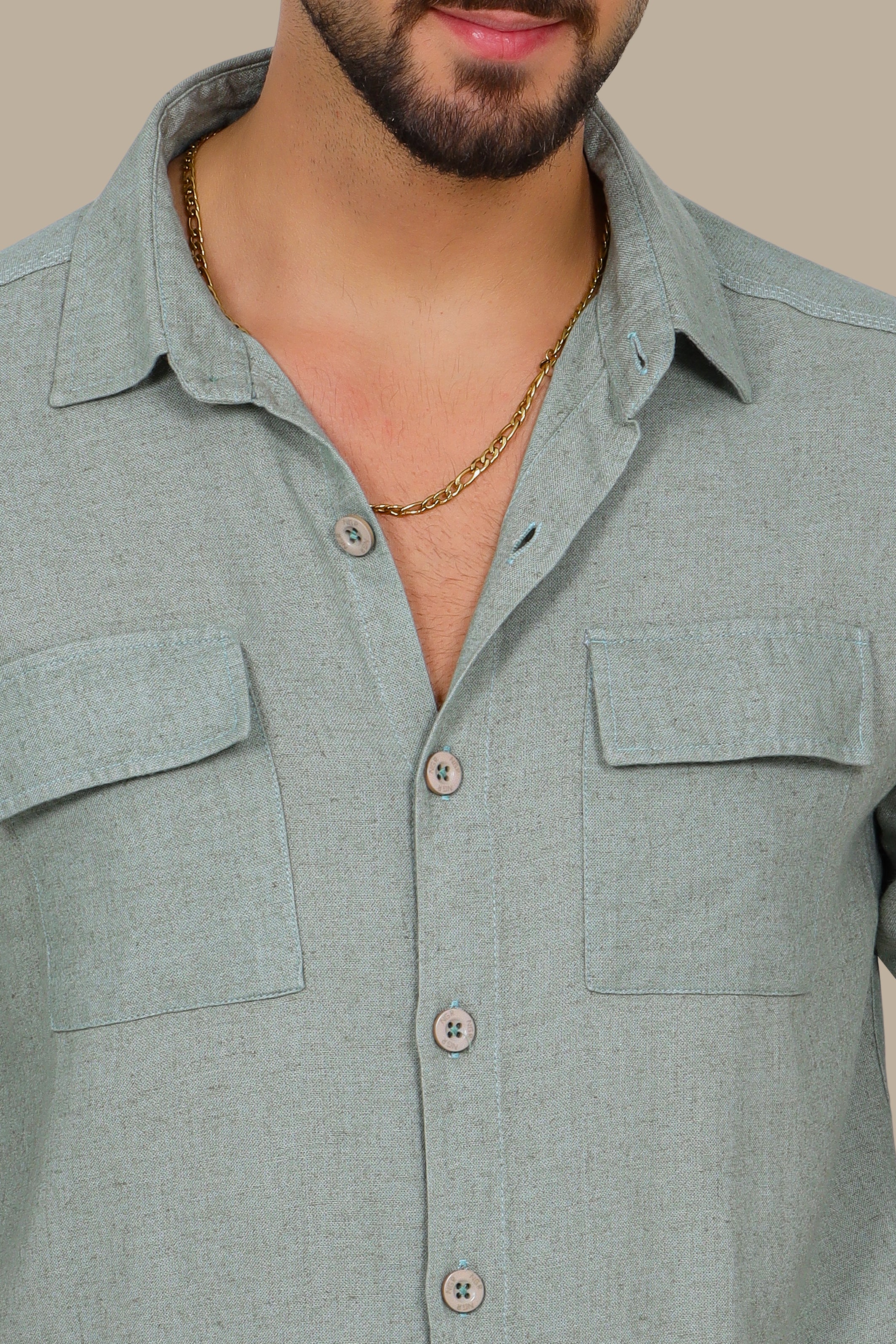 Olive Linen Shirt with Flap Pockets