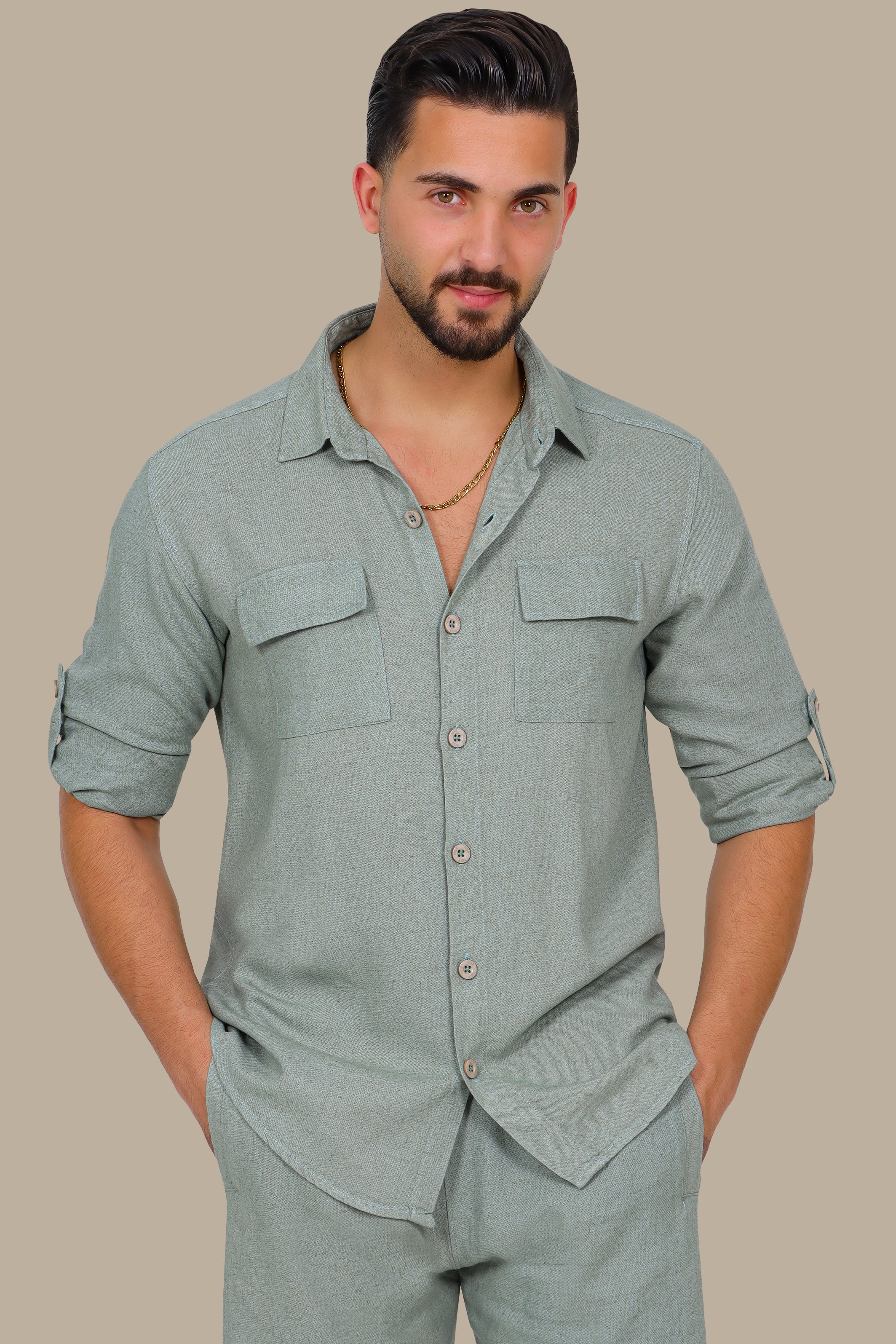 Olive Linen Shirt with Flap Pockets