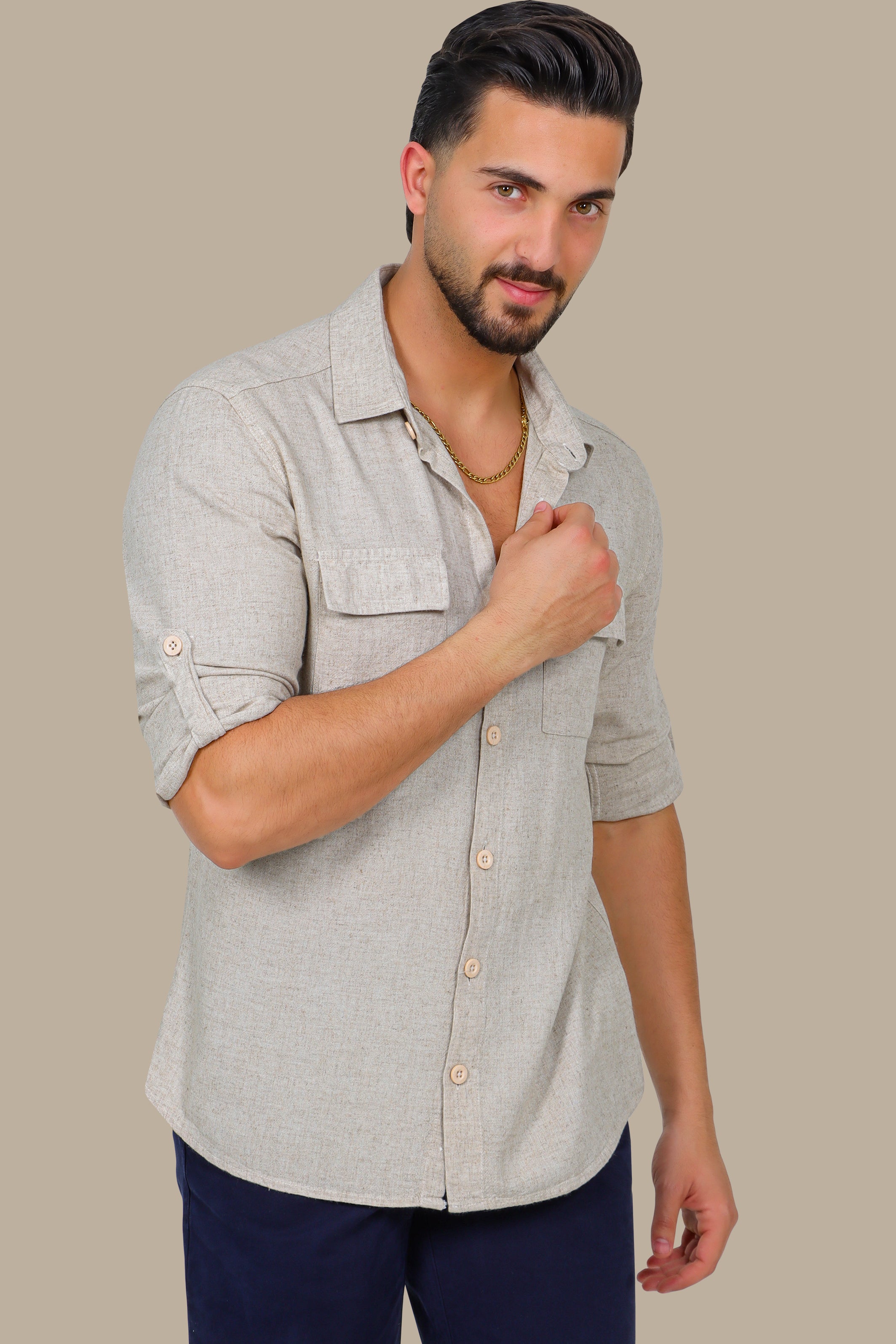 Classic Beige Linen Shirt with Flap Pockets